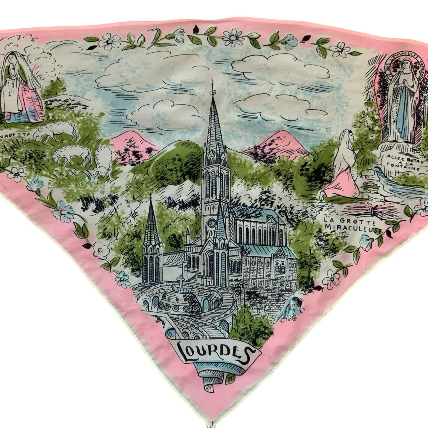VTG PINK BLUE SOUVENIR 'SANCTUARY OF OUR LADY OF LOURDES IN FRANCE' SCARF