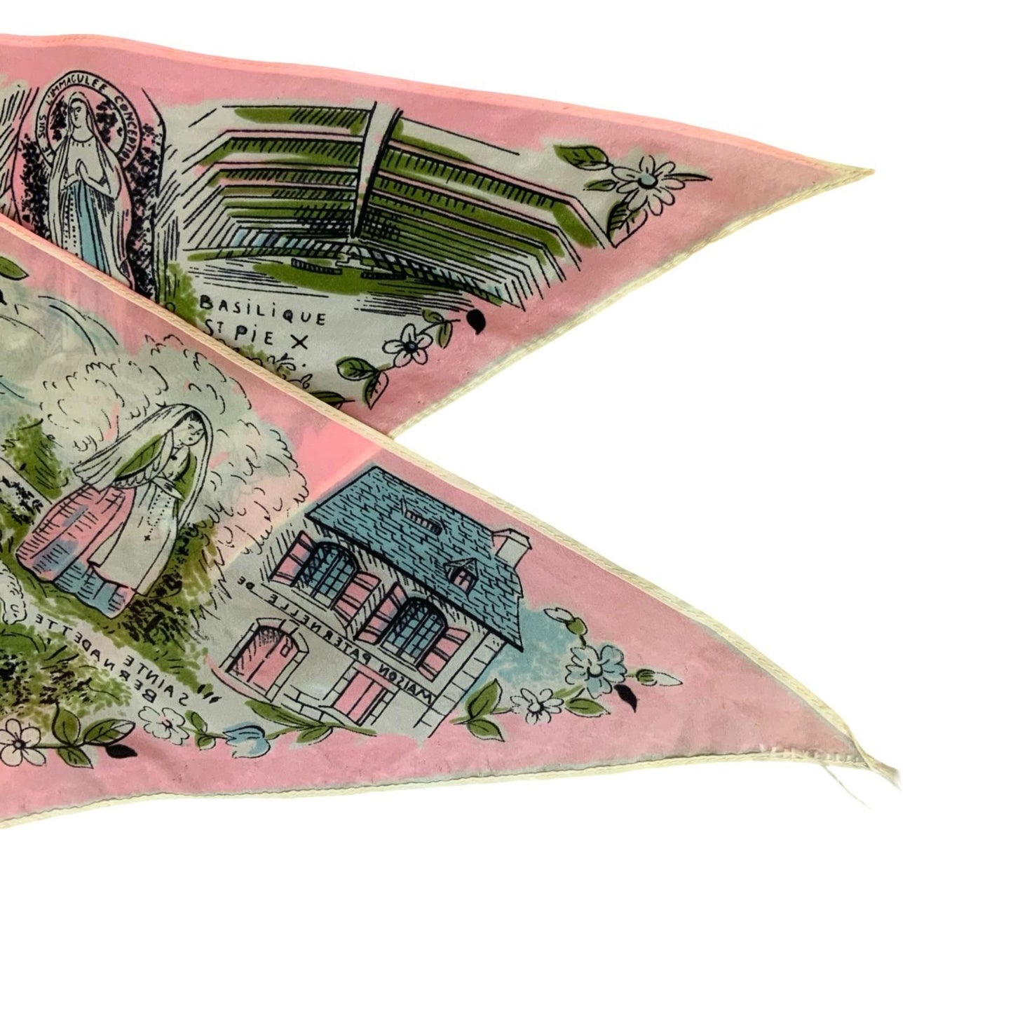 VTG PINK BLUE SOUVENIR 'SANCTUARY OF OUR LADY OF LOURDES IN FRANCE' SCARF