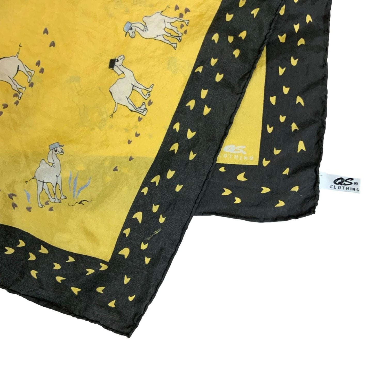 'QS CLOTHING' YELLOW & BLACK CAMELS IN HATS GRAPHIC 100% SILK SQUARE SCARF