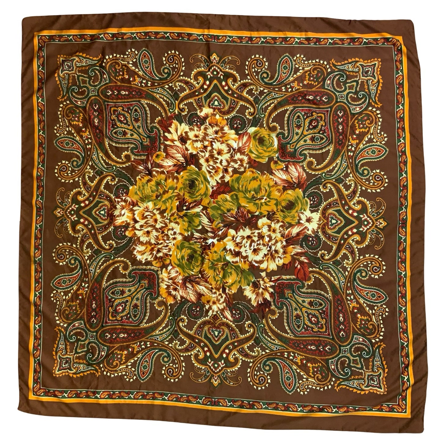 VTG 80s BROWN YELLOW RED GREEN FLORAL PAISLEY AUTUMNAL PATTERN SQUARE SCARF