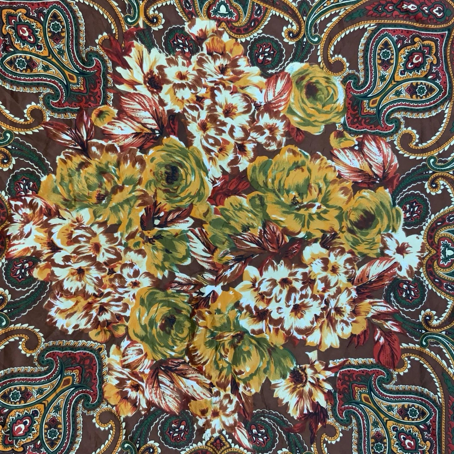 VTG 80s BROWN YELLOW RED GREEN FLORAL PAISLEY AUTUMNAL PATTERN SQUARE SCARF