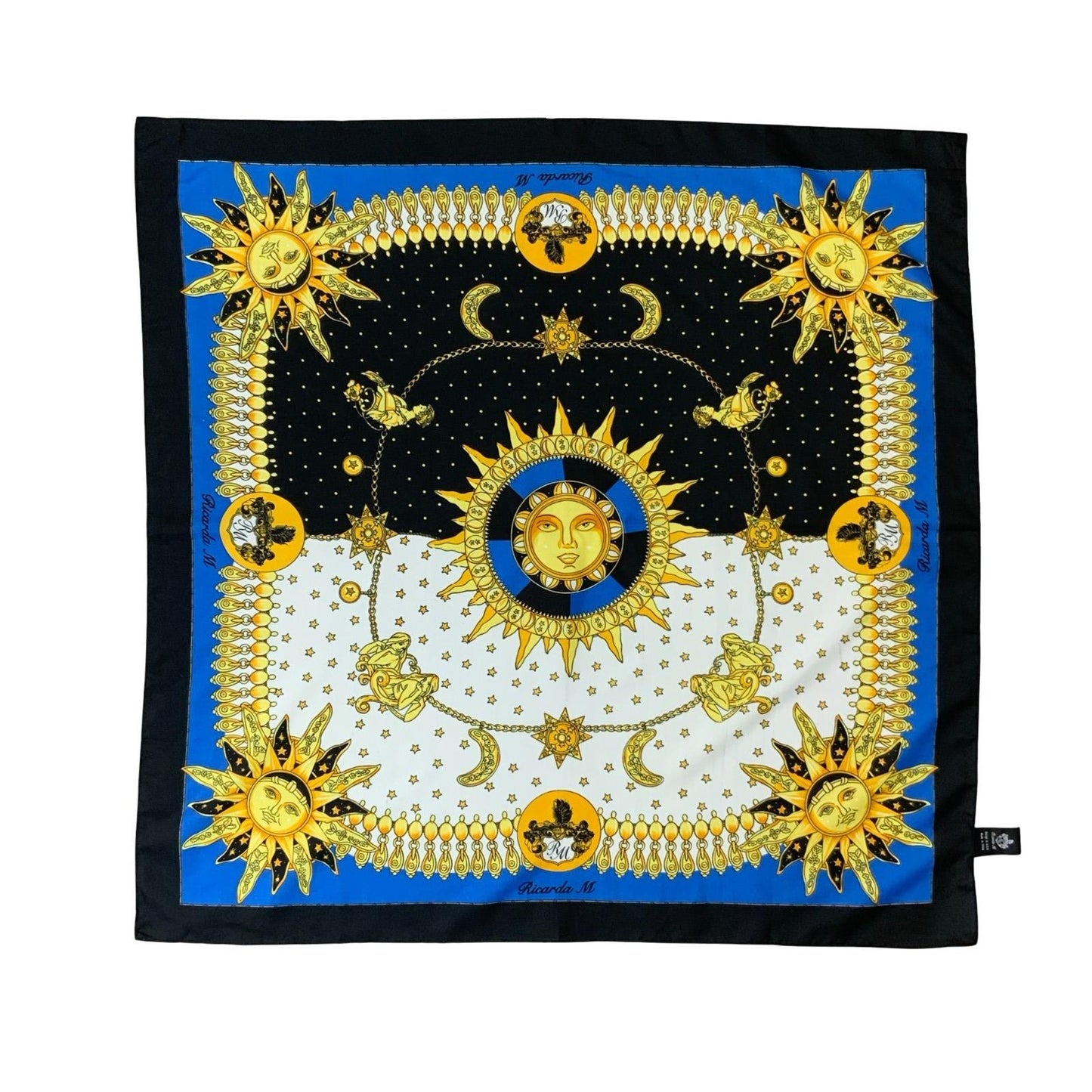 VTG 'THE ZODIAC ONE' RICARDA M HANDMADE BLUE WHITE GOLD BLACK CELESTIAL SCARF