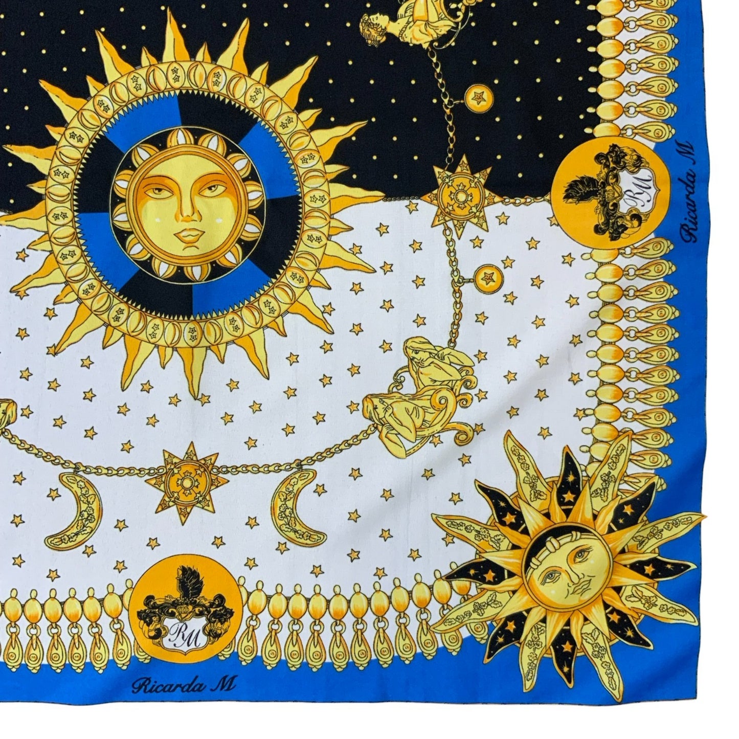 VTG 'THE ZODIAC ONE' RICARDA M HANDMADE BLUE WHITE GOLD BLACK CELESTIAL SCARF