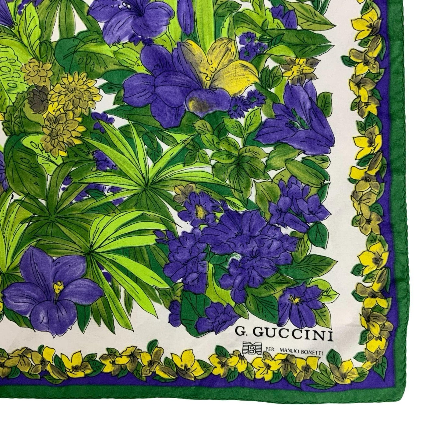 VTG 'G. GUCCINI' PER MANLIO BONETTI INTRICATE GREEN PURPLE FLORAL SQUARE SCARF