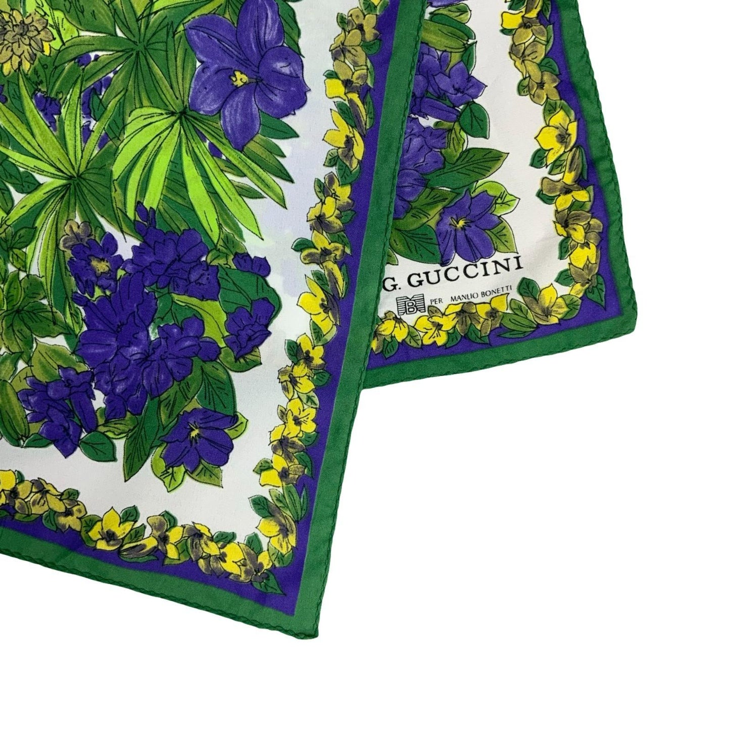 VTG 'G. GUCCINI' PER MANLIO BONETTI INTRICATE GREEN PURPLE FLORAL SQUARE SCARF