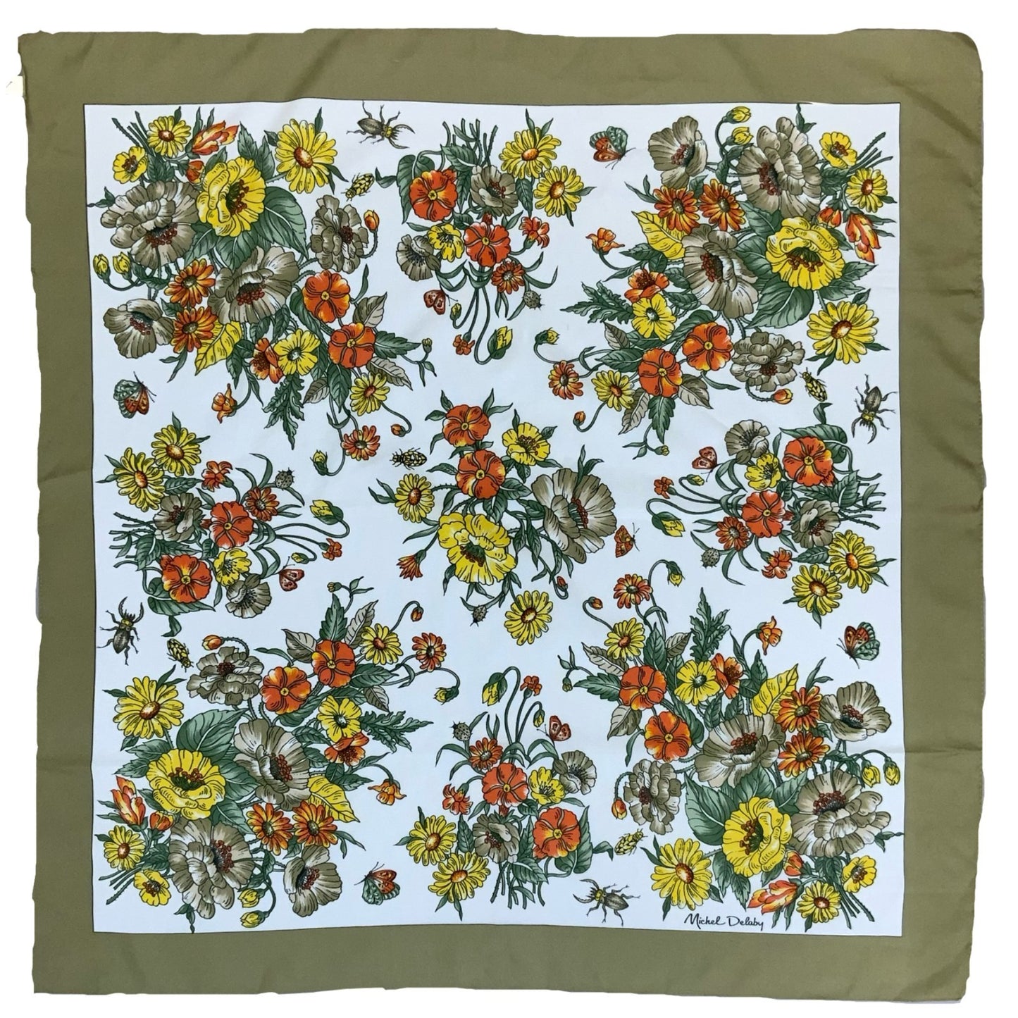 VTG 'MICHEL DELABY' BROWN YELLOW ORANGE BOTANICAL FLORAL SQUARE SCARF