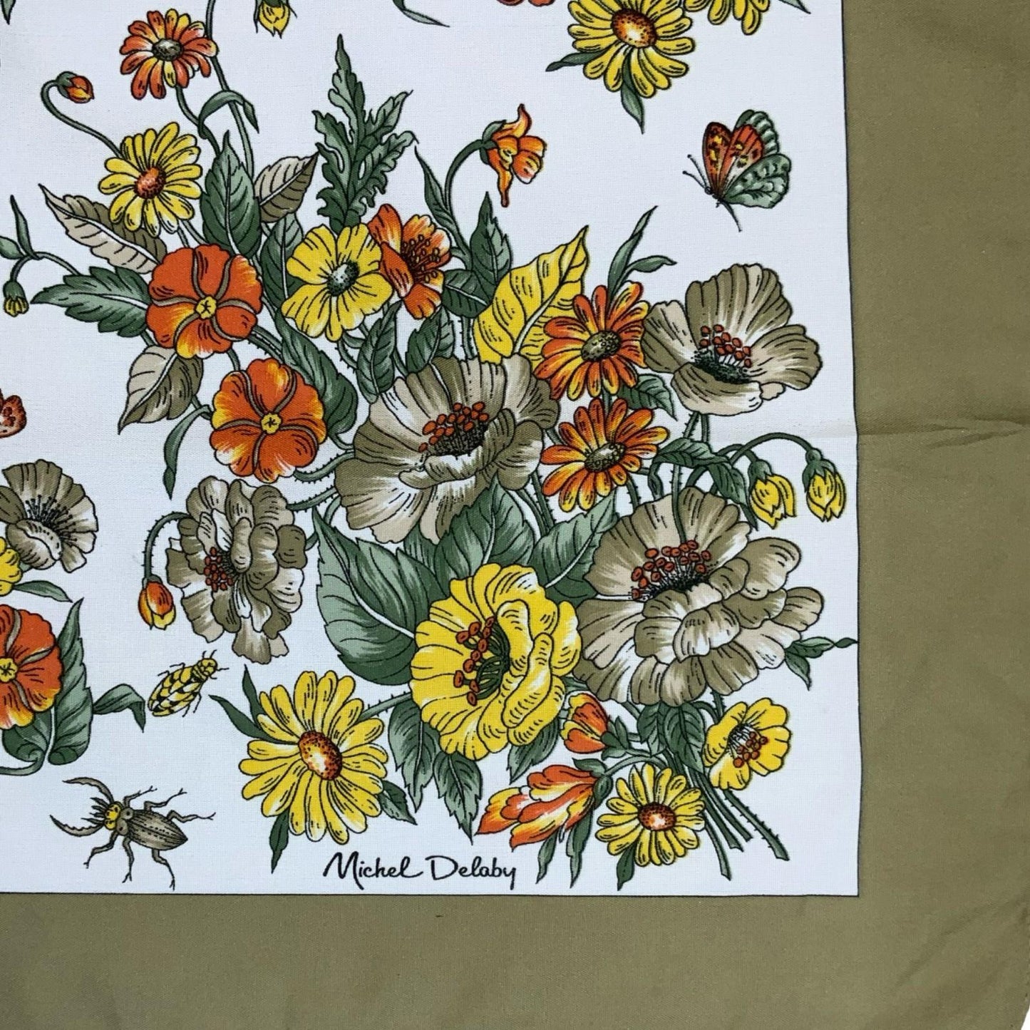 VTG 'MICHEL DELABY' BROWN YELLOW ORANGE BOTANICAL FLORAL SQUARE SCARF