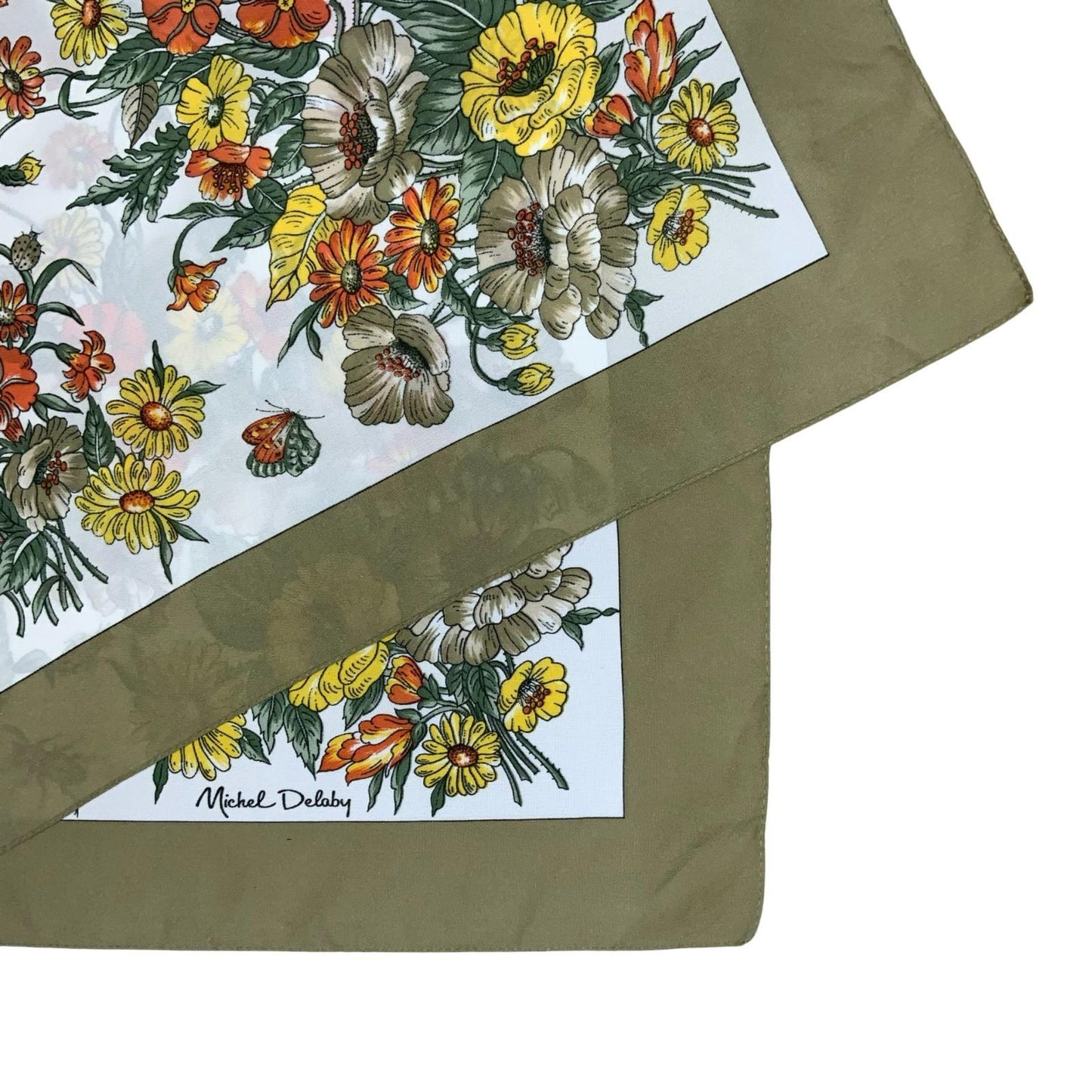 VTG 'MICHEL DELABY' BROWN YELLOW ORANGE BOTANICAL FLORAL SQUARE SCARF