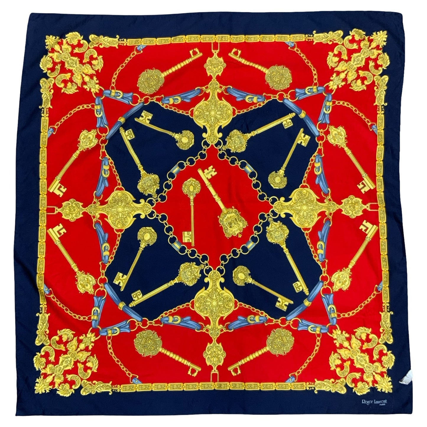 VTG 90s 'ROGER LAURENT' PARIS RED BLUE GOLD KEY CHAINS ROYAL DESIGN SQUARE SCARF