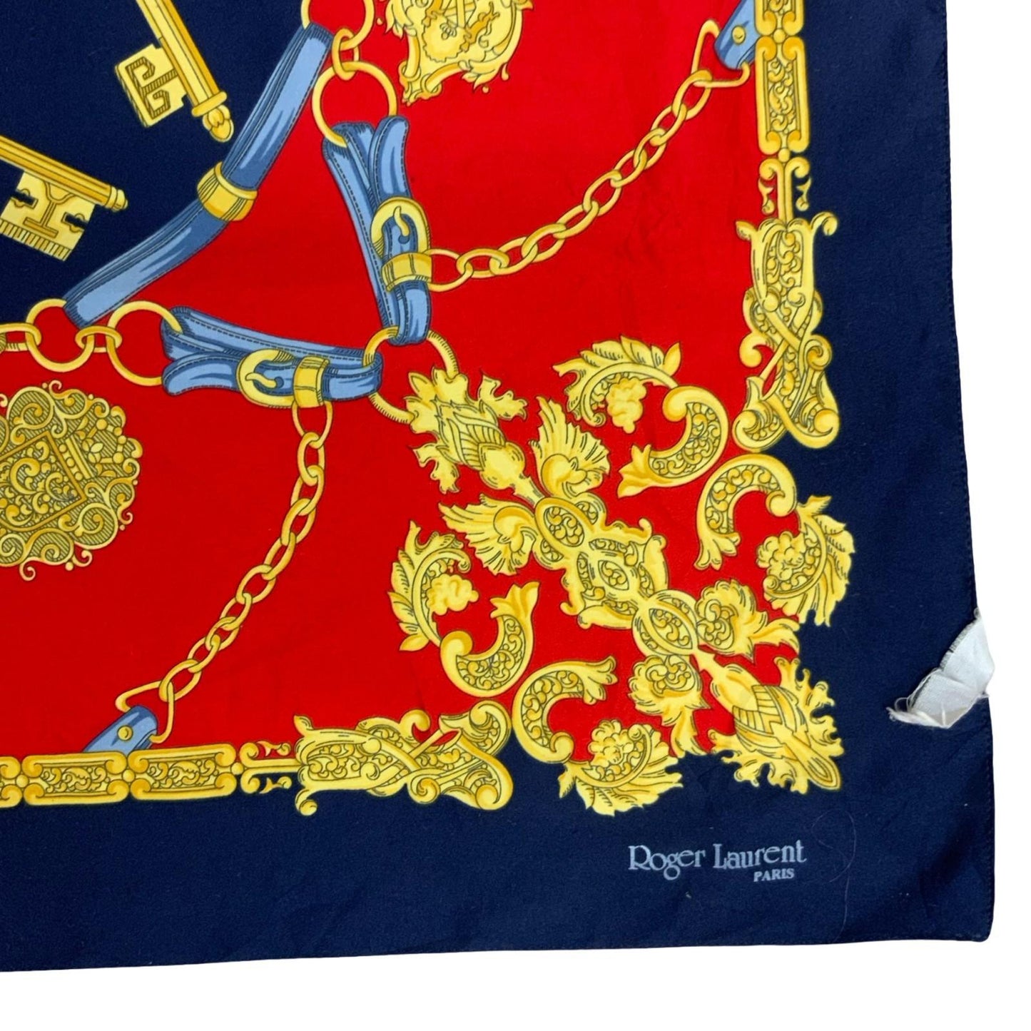 VTG 90s 'ROGER LAURENT' PARIS RED BLUE GOLD KEY CHAINS ROYAL DESIGN SQUARE SCARF