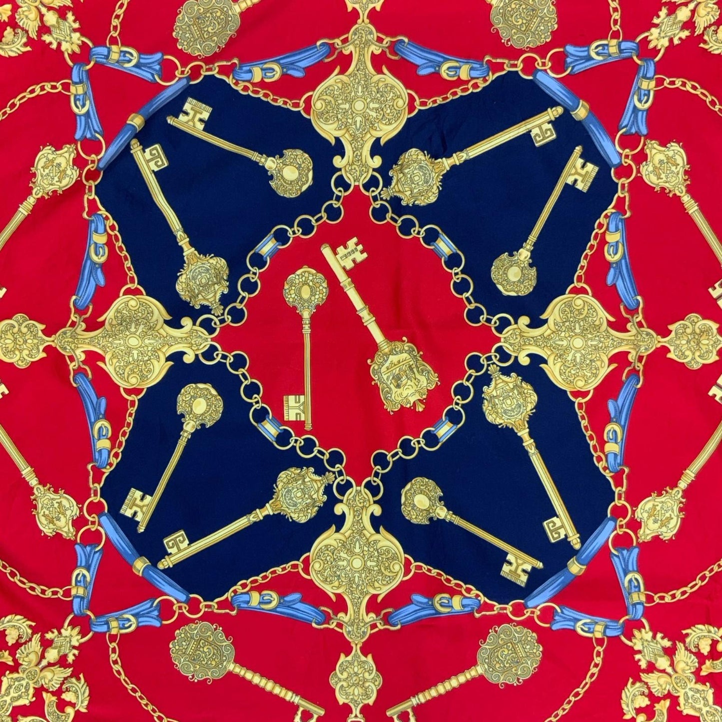 VTG 90s 'ROGER LAURENT' PARIS RED BLUE GOLD KEY CHAINS ROYAL DESIGN SQUARE SCARF