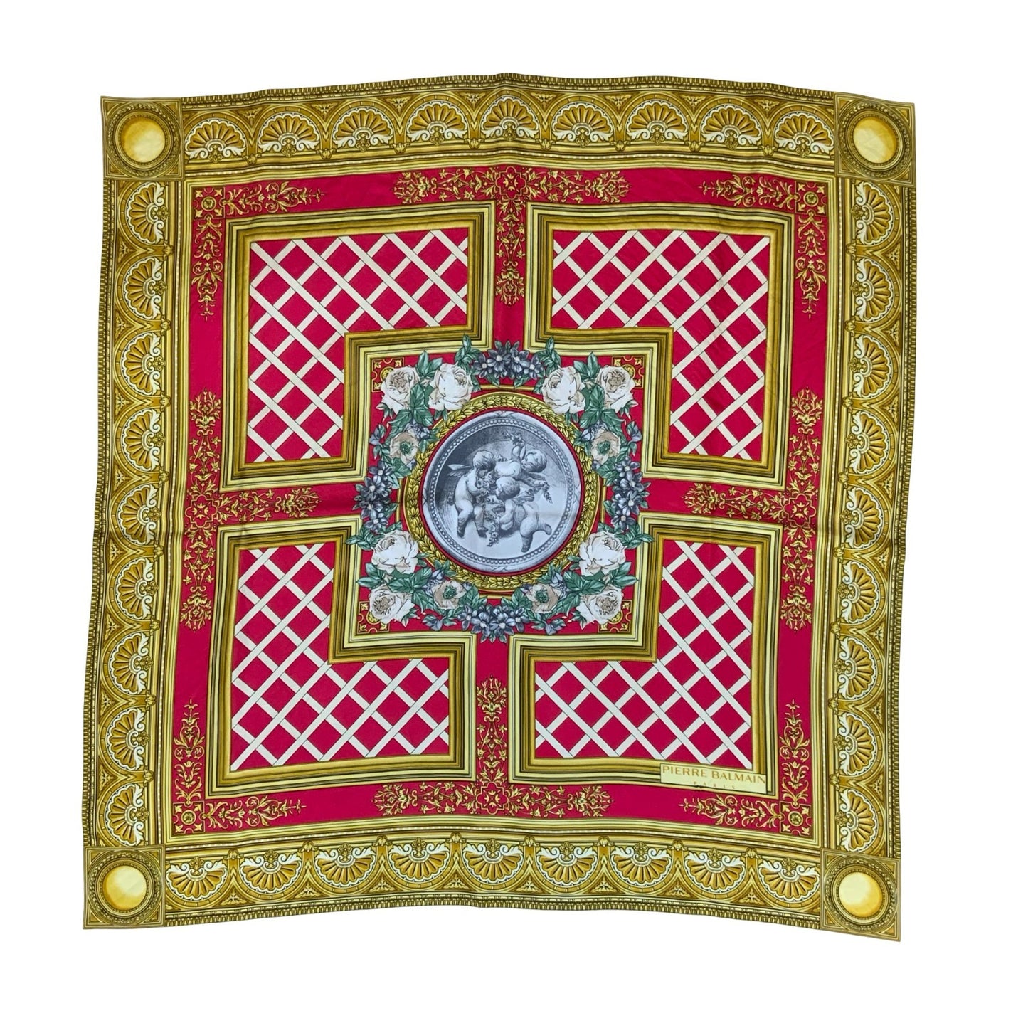VTG 'PIERRE BALMAIN' PARIS GOLD RED REGAL INTRICATE SILK ELEGANT SQUARE SCARF