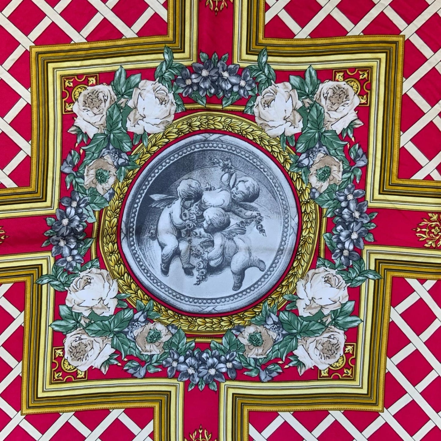 VTG 'PIERRE BALMAIN' PARIS GOLD RED REGAL INTRICATE SILK ELEGANT SQUARE SCARF
