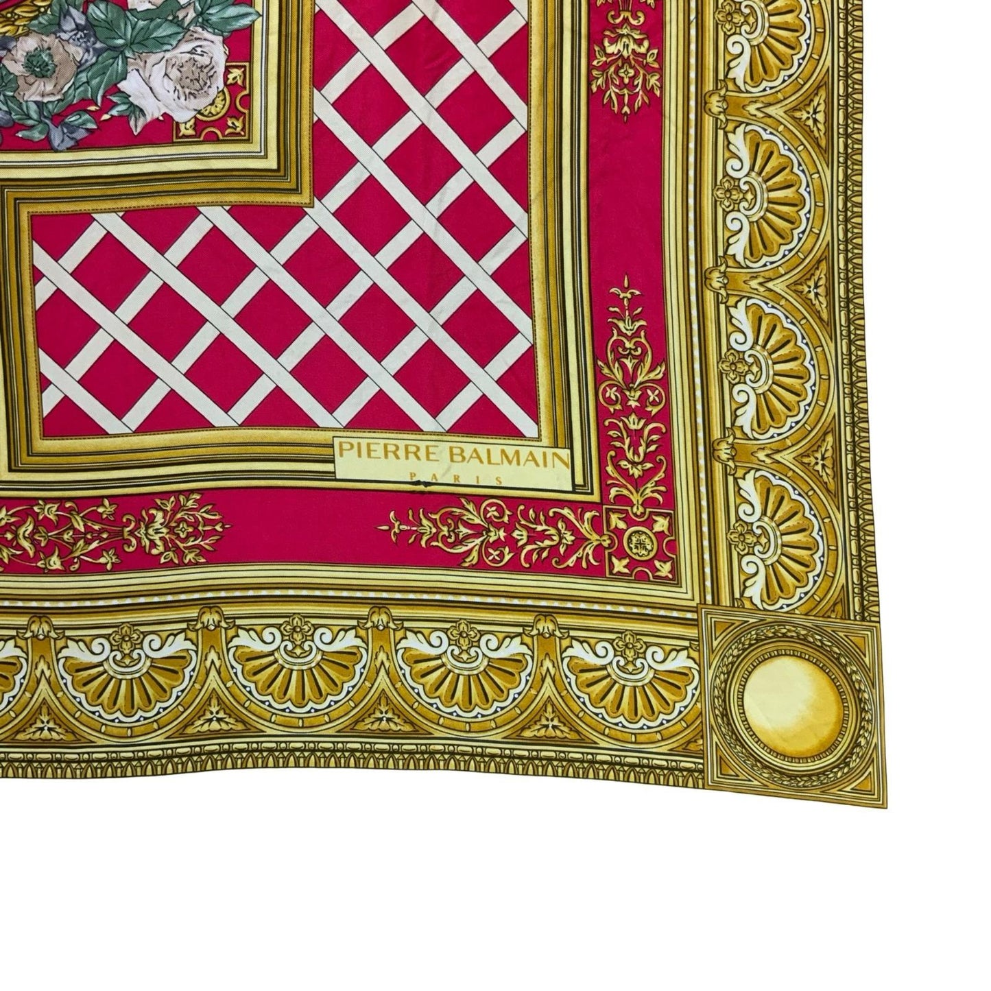 VTG 'PIERRE BALMAIN' PARIS GOLD RED REGAL INTRICATE SILK ELEGANT SQUARE SCARF