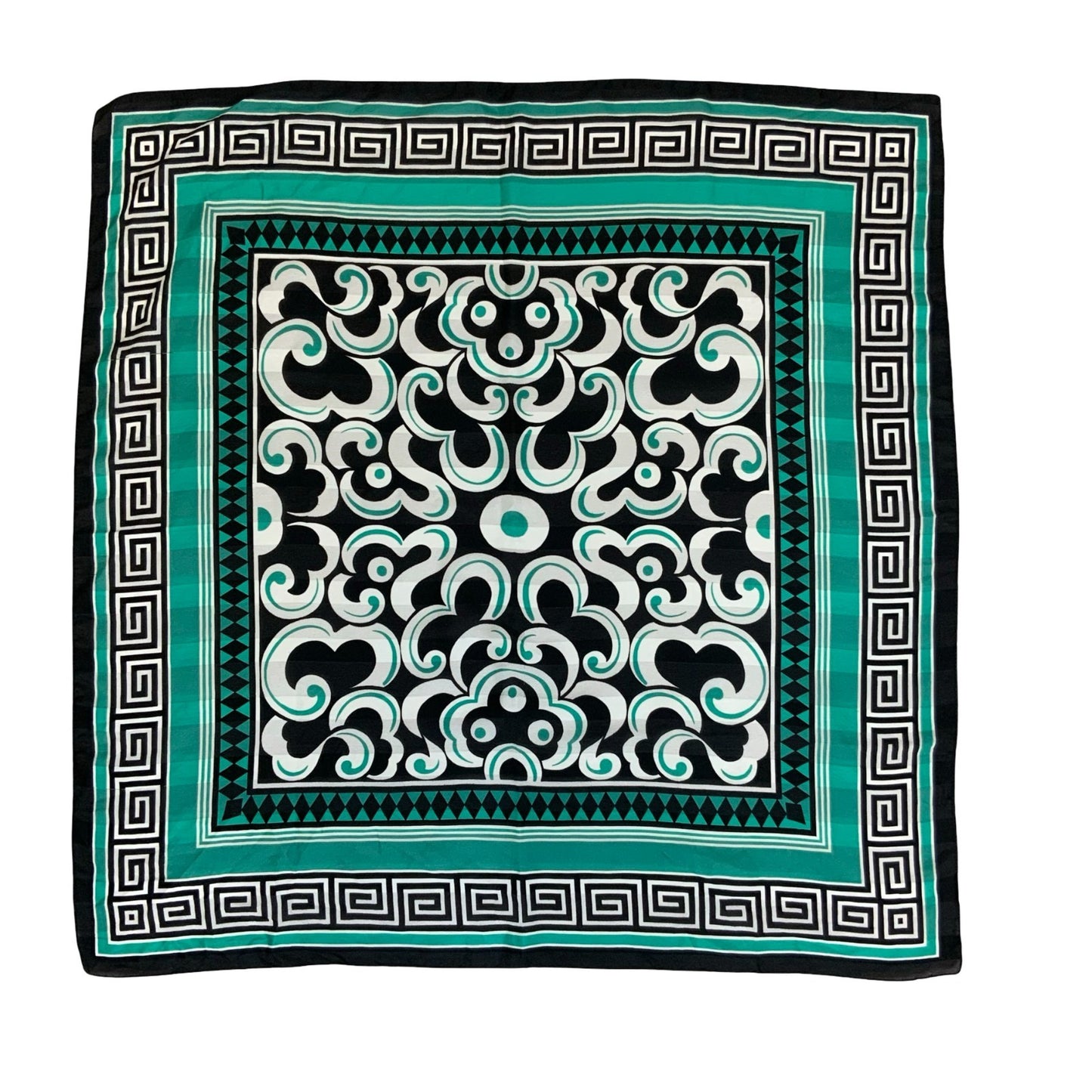 VTG TEAL GREEN WHITE BLACK INTRICATE DESIGN GREEK KEY MEANDER SQUARE SCARF