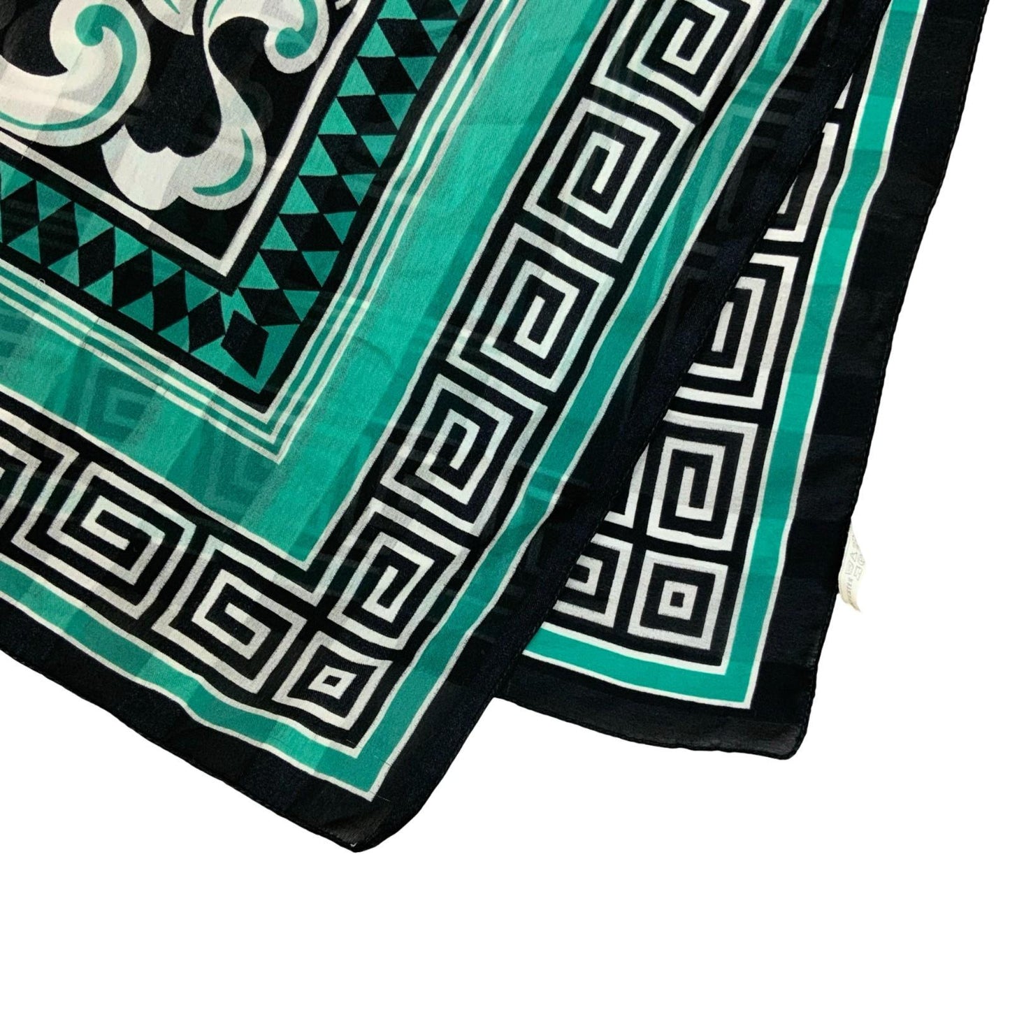 VTG TEAL GREEN WHITE BLACK INTRICATE DESIGN GREEK KEY MEANDER SQUARE SCARF