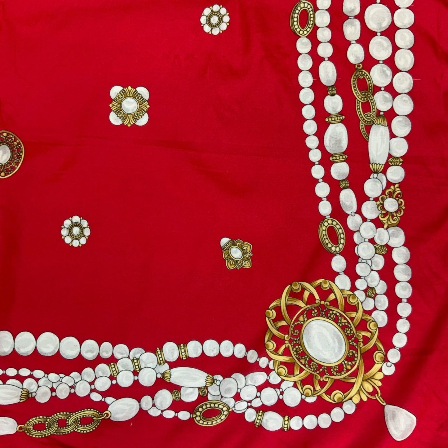 VTG 'AVON' RED WHITE GOLD PEAL JEWELLERY PATTERN ITALY ROMANTIC SQUARE SCARF