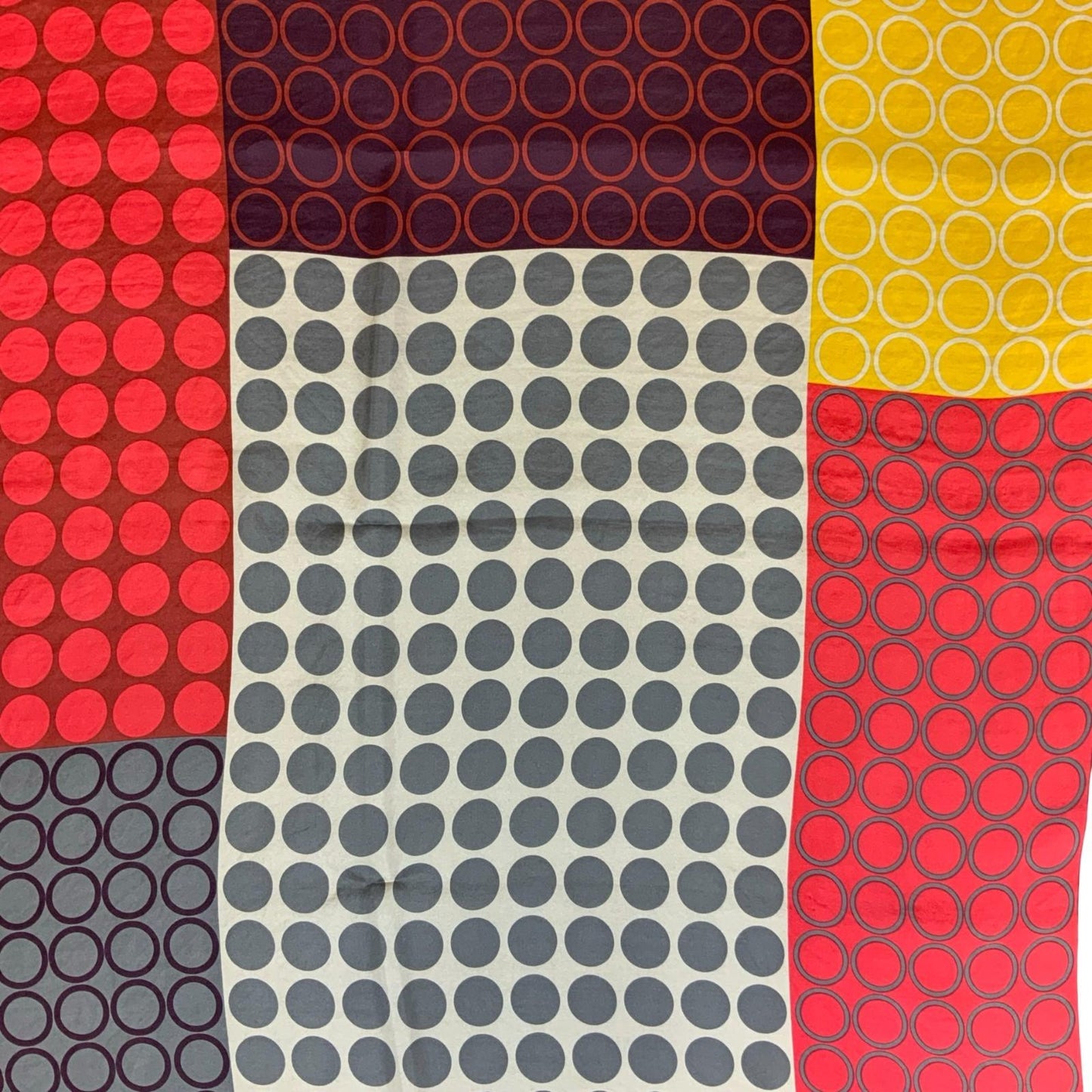 VTG RED GREY YELLOW POLKA-DOT GEOMETRIC PATCHWORK-LIKE SQUARE SCARF