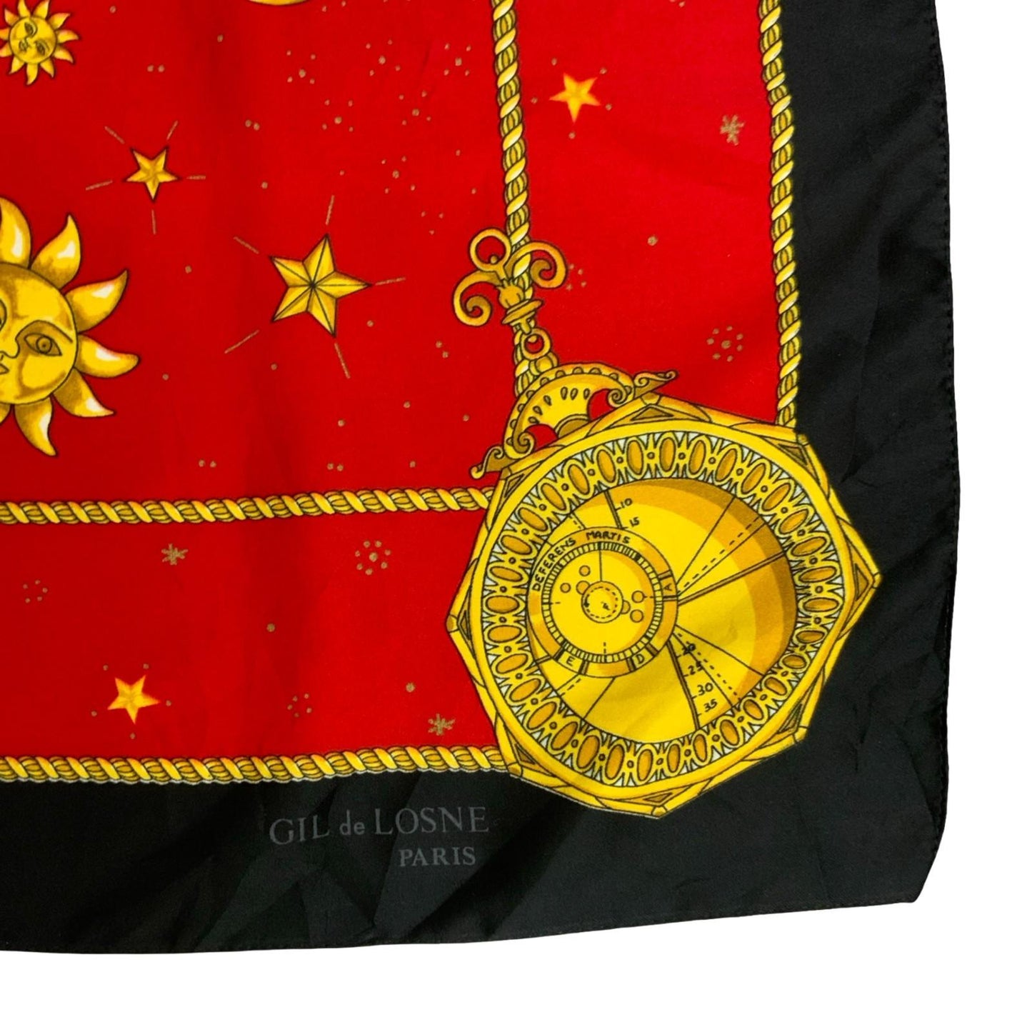 90s 'GIL DE LOSNE' PARIS RED BLACK GOLD CELESTIAL SUN PLANETS SQUARE SCARF