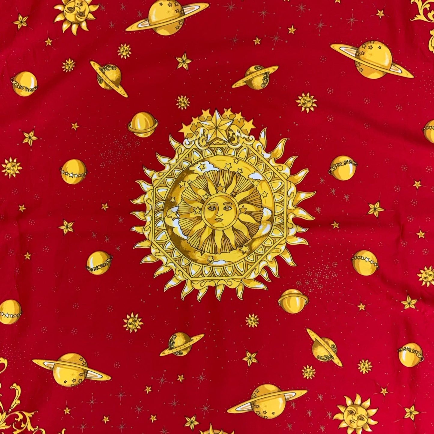 90s 'GIL DE LOSNE' PARIS RED BLACK GOLD CELESTIAL SUN PLANETS SQUARE SCARF