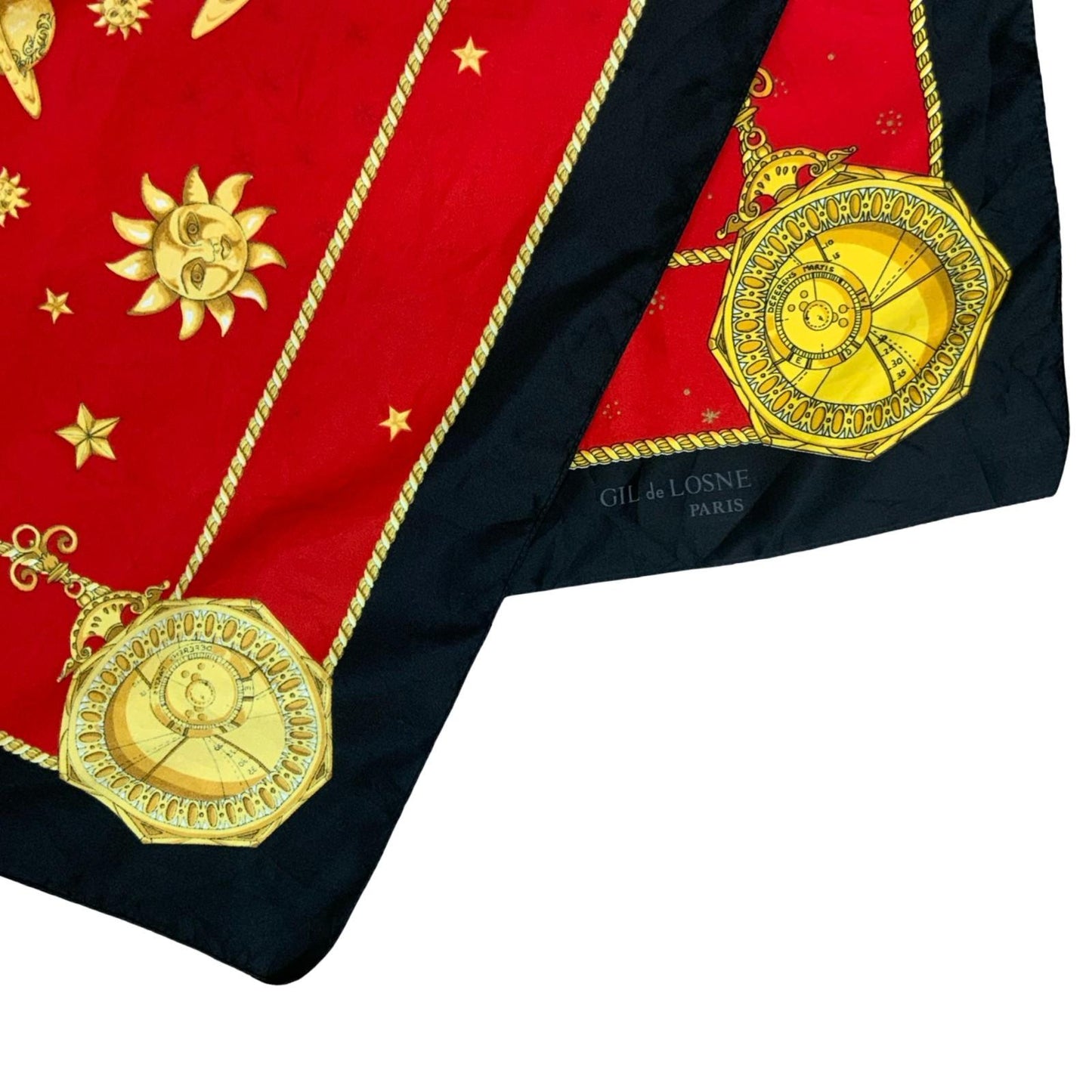 90s 'GIL DE LOSNE' PARIS RED BLACK GOLD CELESTIAL SUN PLANETS SQUARE SCARF
