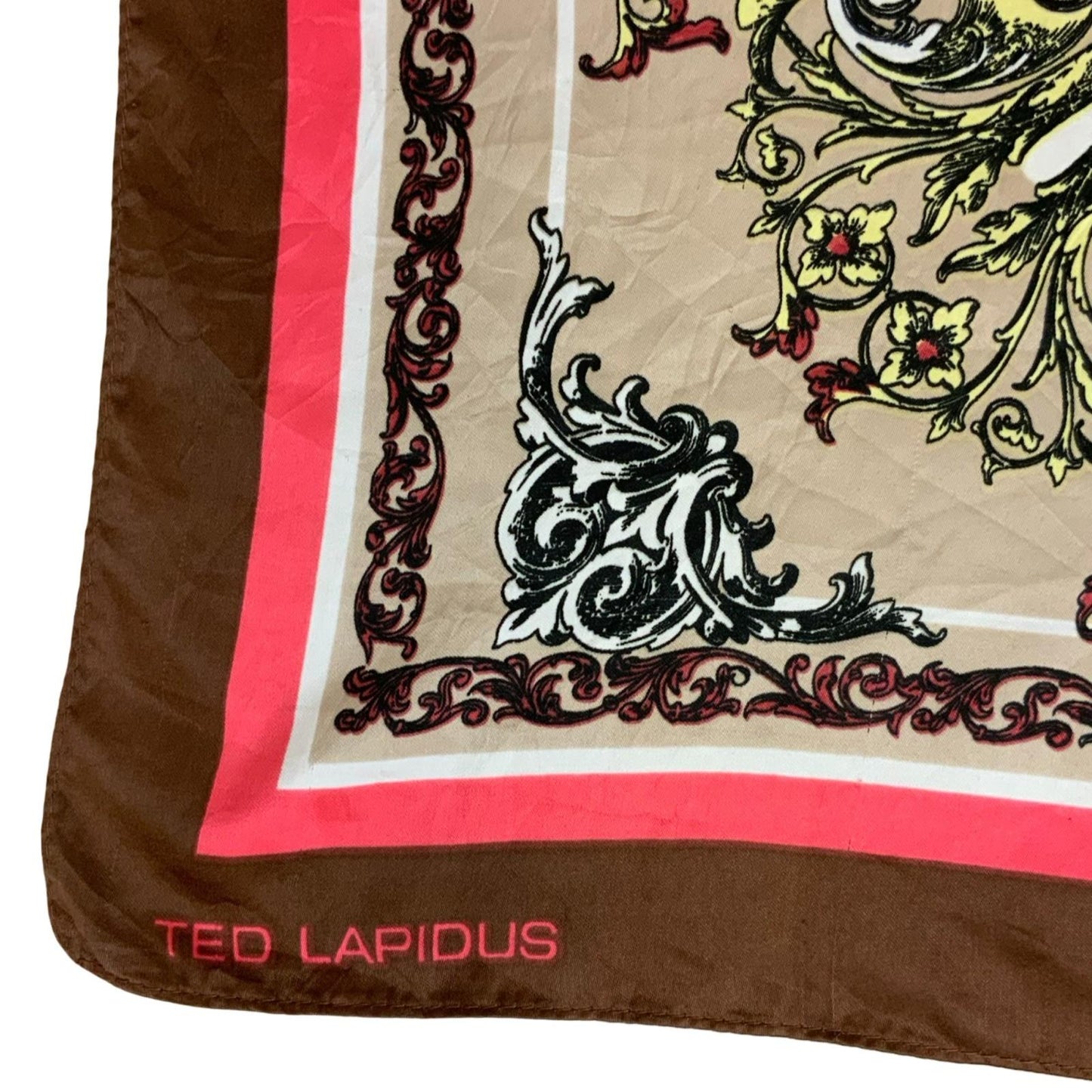 VTG 80s 'TED LAPEDUS' BROWN RED FLORAL OPULENT INTRICATE FRENCH SQUARE SCARF
