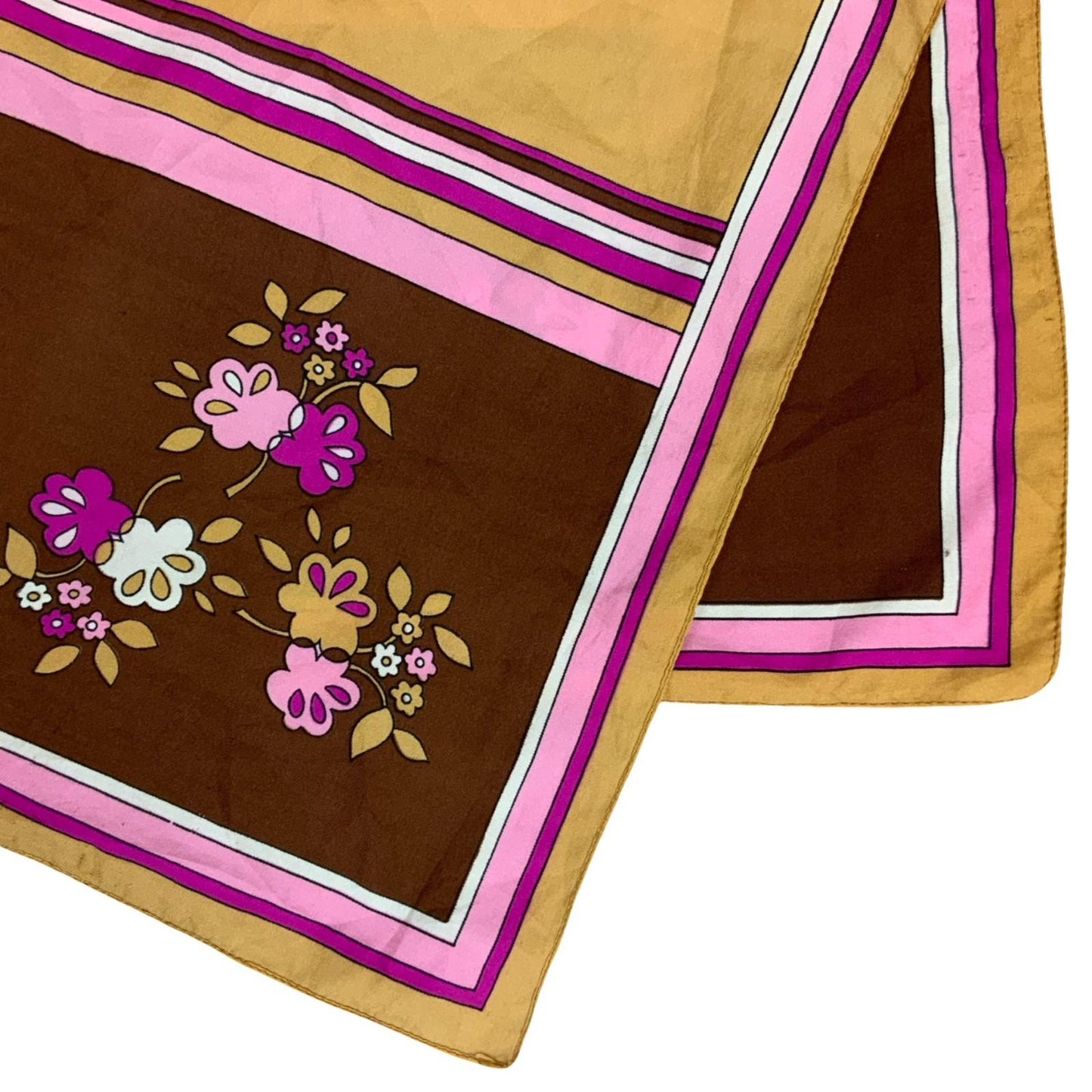 VTG 70s BROWN PINK FLORAL DETAILED PATTERN PLAID HANDKERCHIEF SQUARE SCARF
