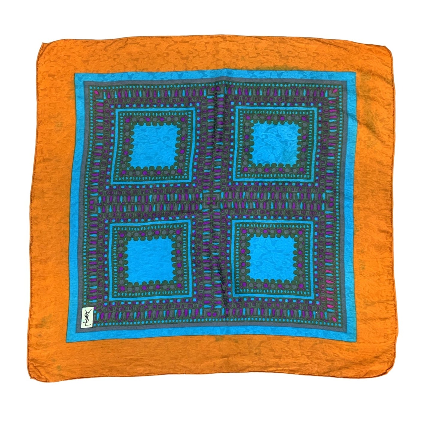 VTG 70s 80s YSL 'YVES SAINT LAURENT' ORANGE BLUE GEOMETRIC SILK SQUARE SCARF
