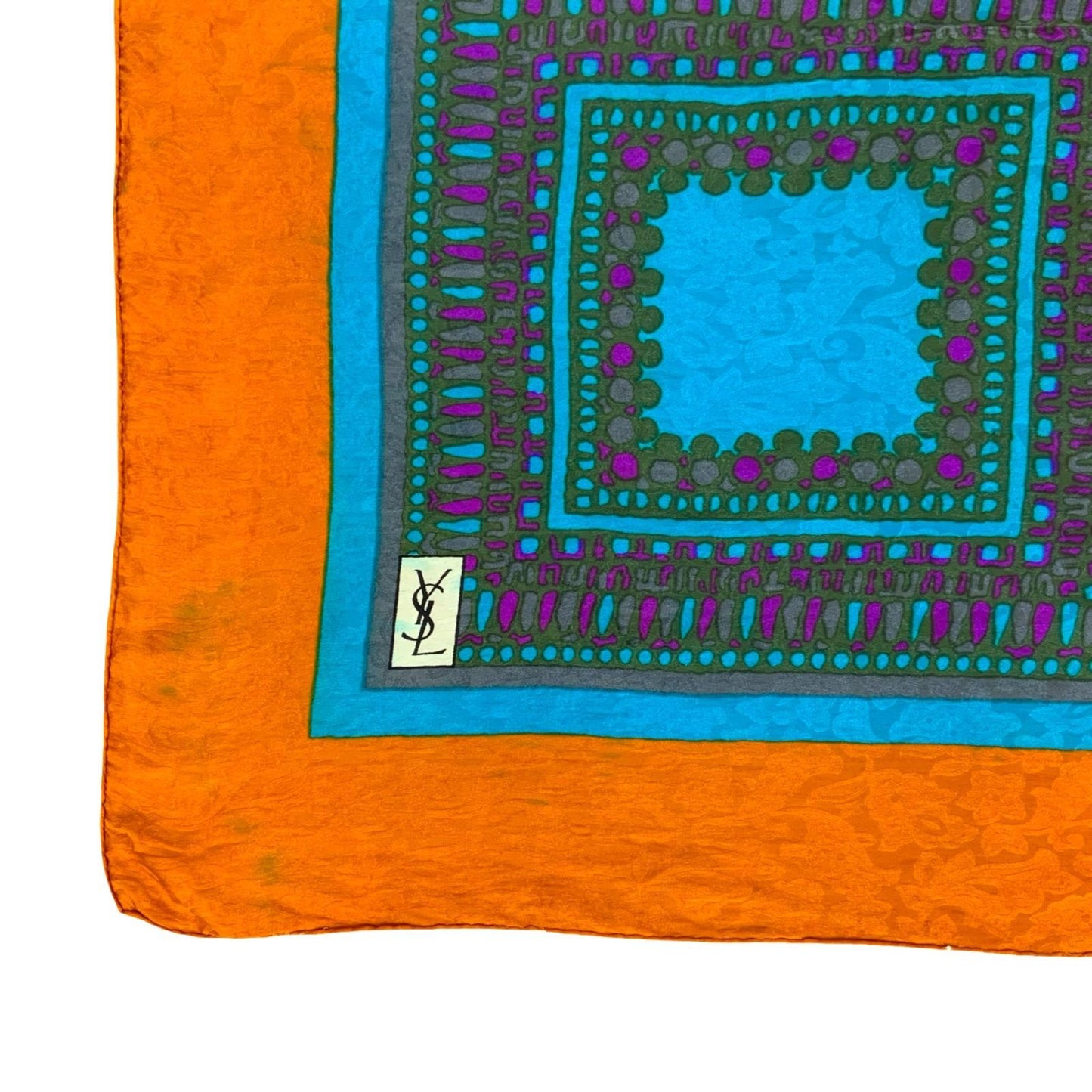 VTG 70s 80s YSL 'YVES SAINT LAURENT' ORANGE BLUE GEOMETRIC SILK SQUARE SCARF