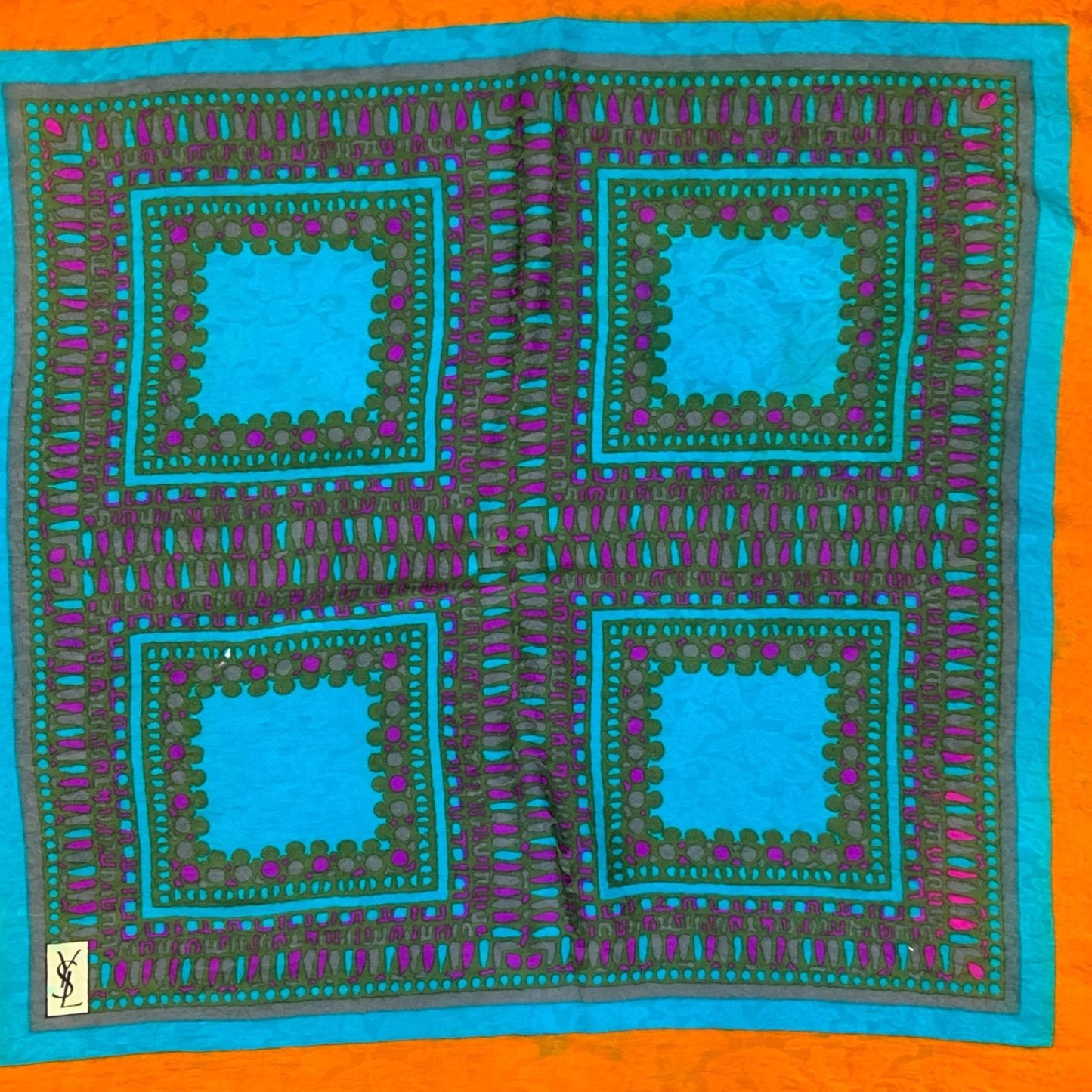 VTG 70s 80s YSL 'YVES SAINT LAURENT' ORANGE BLUE GEOMETRIC SILK SQUARE SCARF