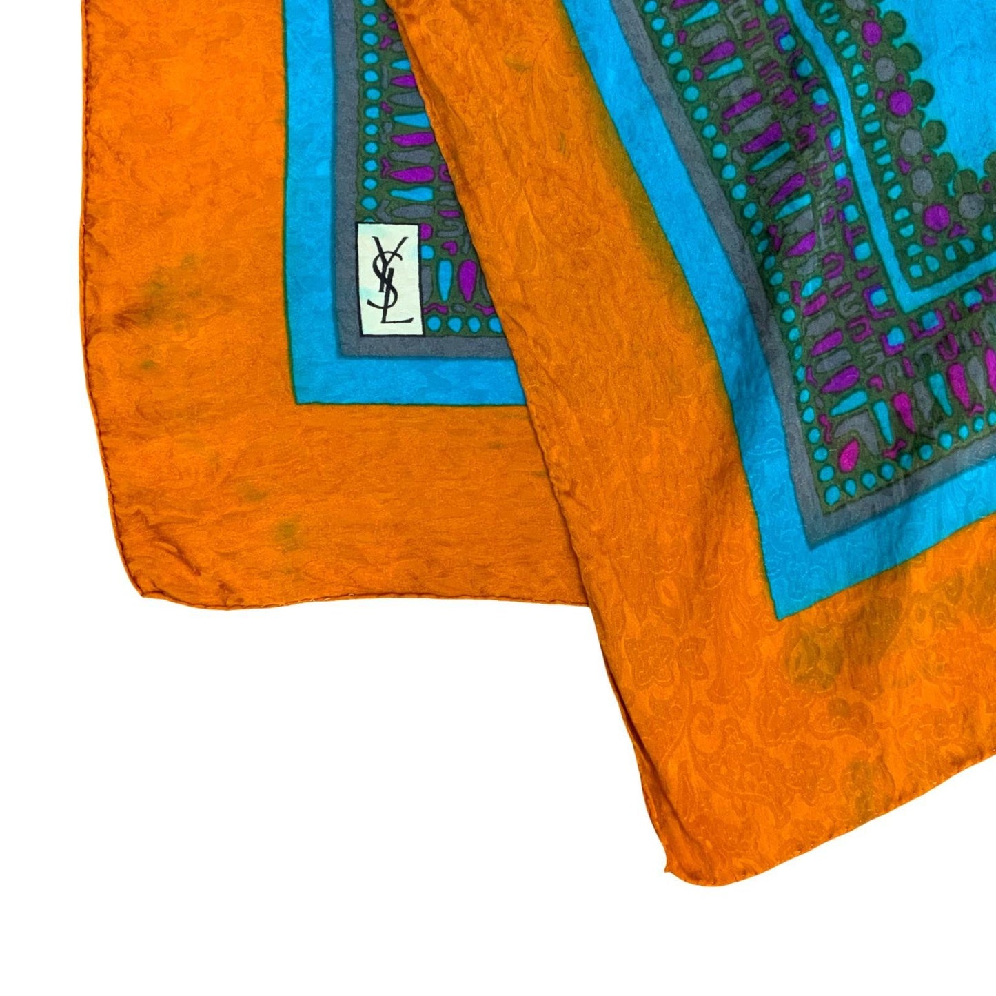 VTG 70s 80s YSL 'YVES SAINT LAURENT' ORANGE BLUE GEOMETRIC SILK SQUARE SCARF