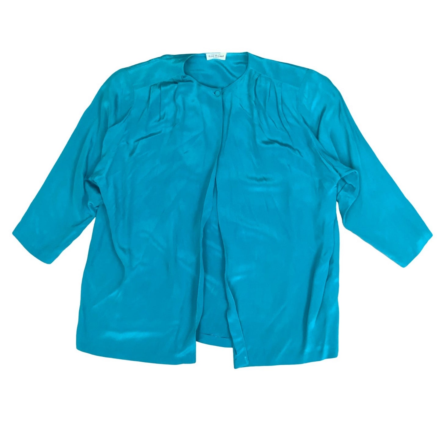 VTG 80s 'LOUIS FERAUD' PARIS TEAL BLUE OPEN BLOUSE SHACKET 100% SILK UK 16