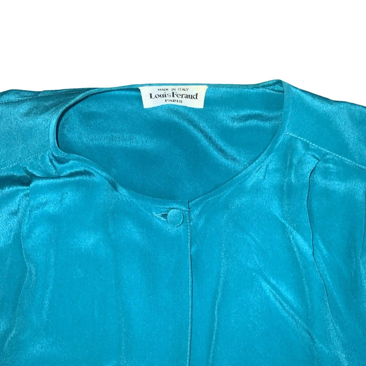 VTG 80s 'LOUIS FERAUD' PARIS TEAL BLUE OPEN BLOUSE SHACKET 100% SILK UK 16