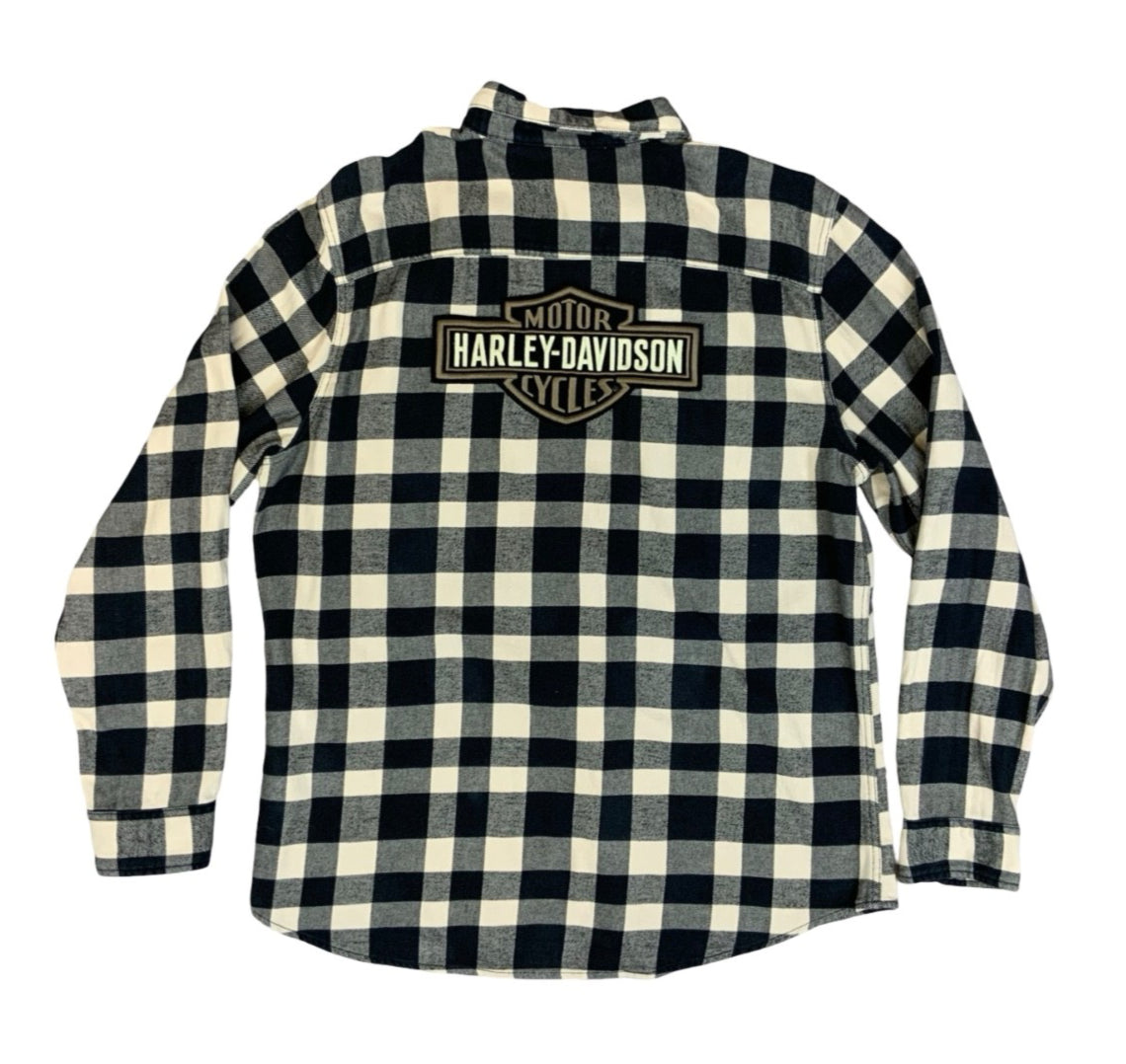 Genuine Harley Davidson Heavy Flannel Over Shirt Black White Buffalo Plaid XL