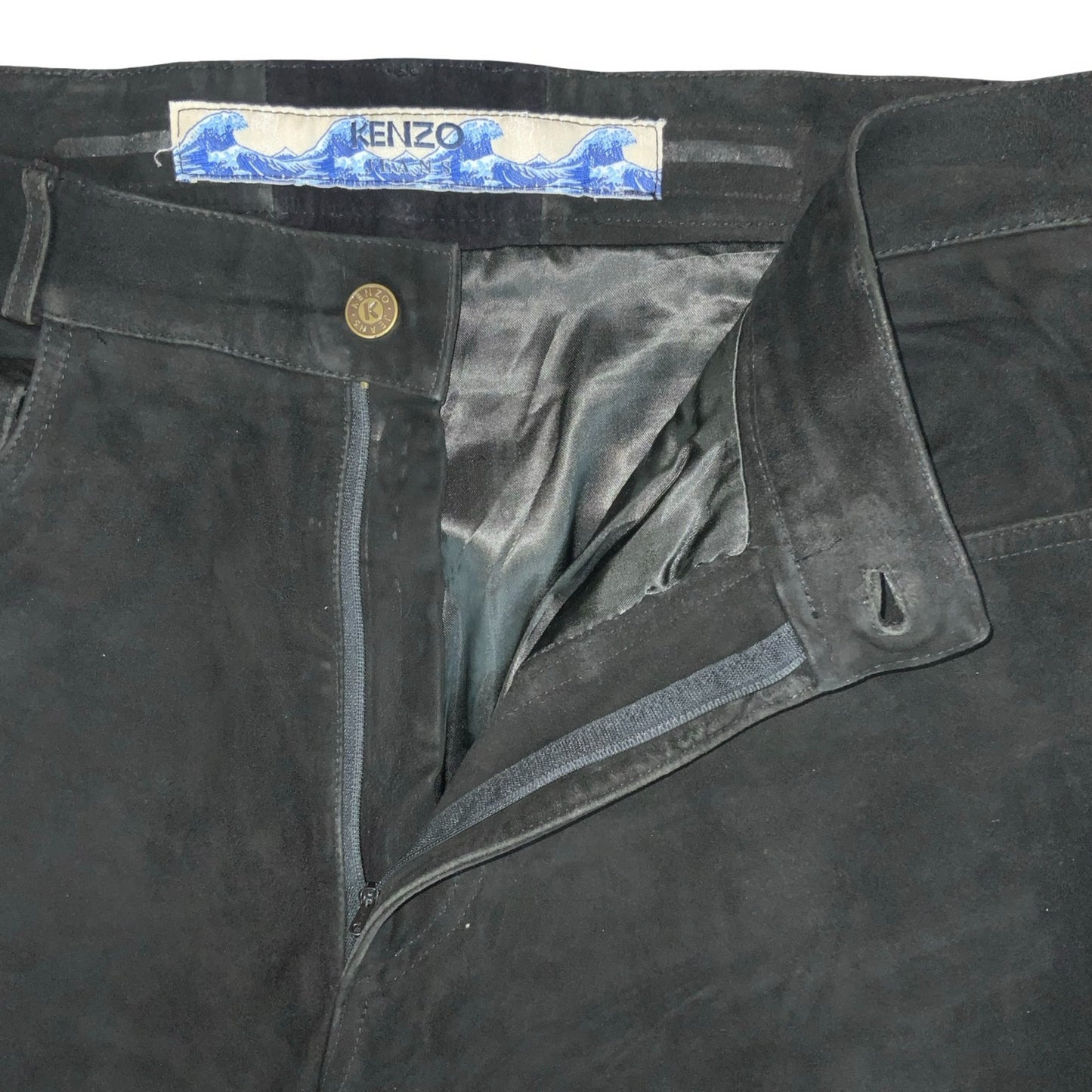 Vtg 80s 'Kenzo' Black Soft Velvet Silk Lined Casual Straight-Leg Trousers UK 16