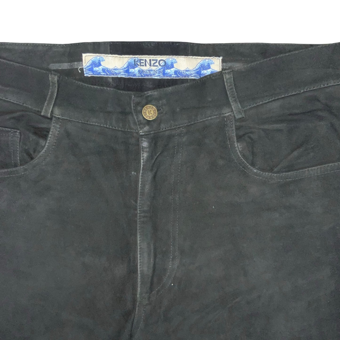 Vtg 80s 'Kenzo' Black Soft Velvet Silk Lined Casual Straight-Leg Trousers UK 16