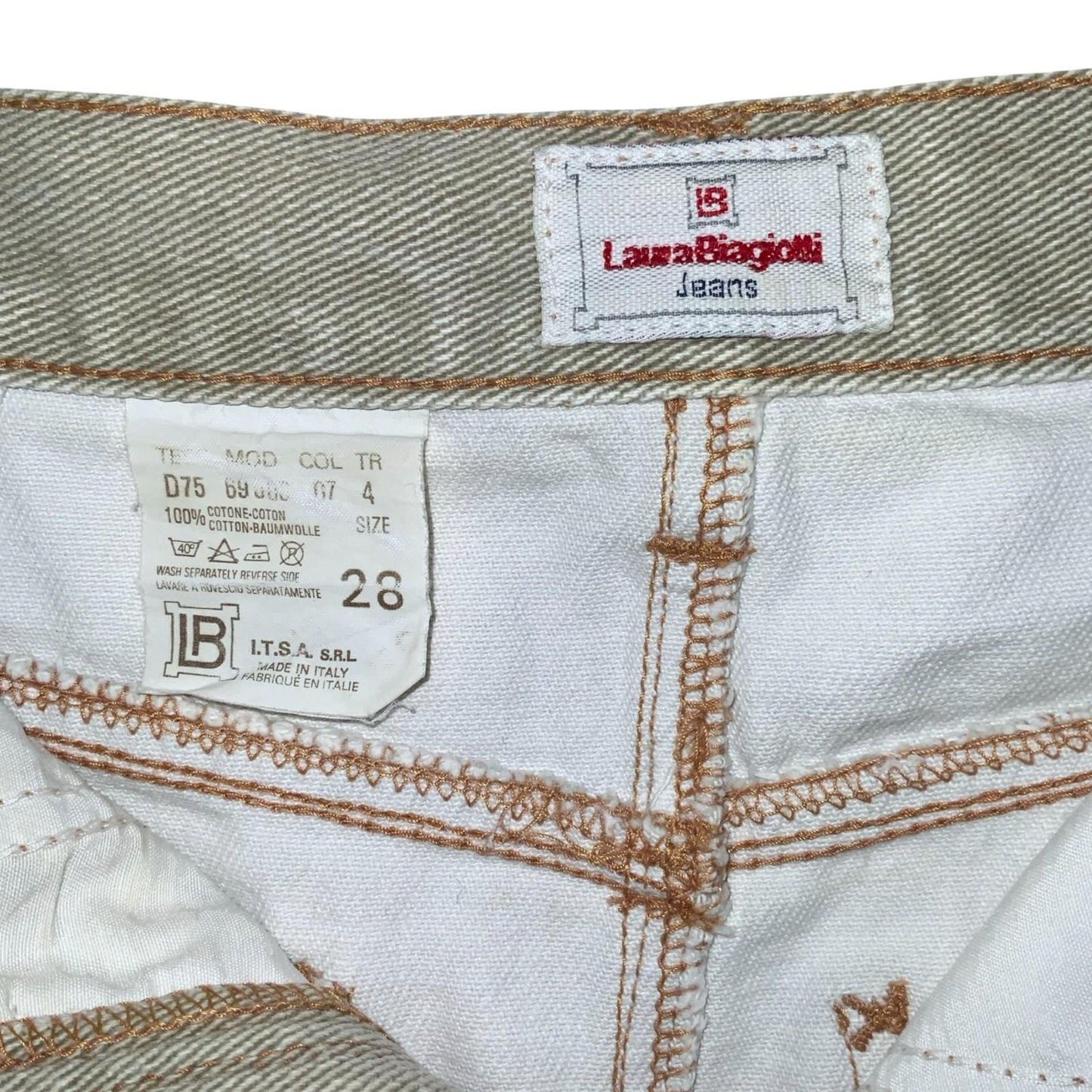 VTG 90s 'Laura Biagiolli Jeans' Light Wash Cream Frayed Denim Mini Skirt UK 10