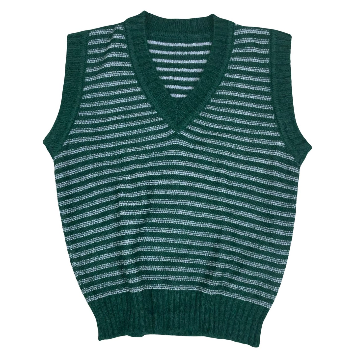 VTG Green Grey V-Neck Striped Sleeveless Knit Sweater Vest Medium UK 12/14