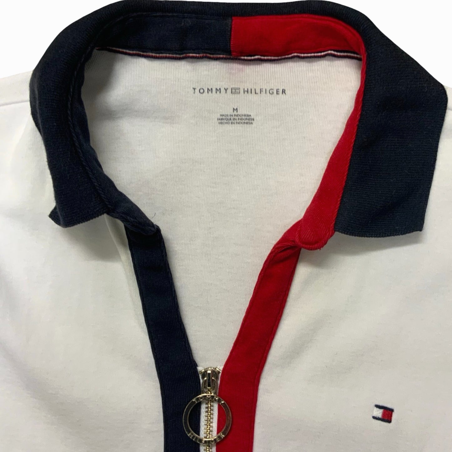 VTG 'Tommy Hilfiger' White Blue Red Interlock Zip Regular Fit Polo Shirt UK 10