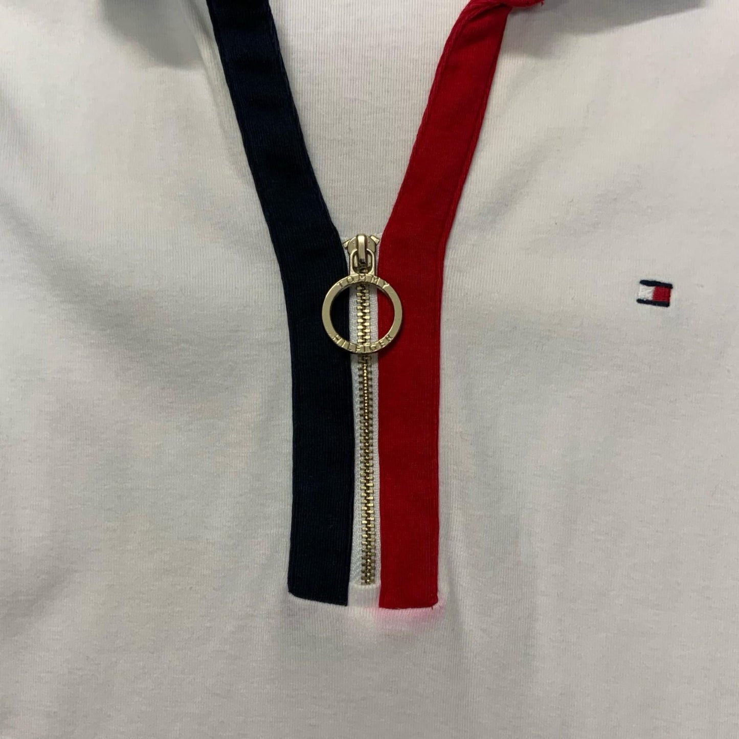 VTG 'Tommy Hilfiger' White Blue Red Interlock Zip Regular Fit Polo Shirt UK 10