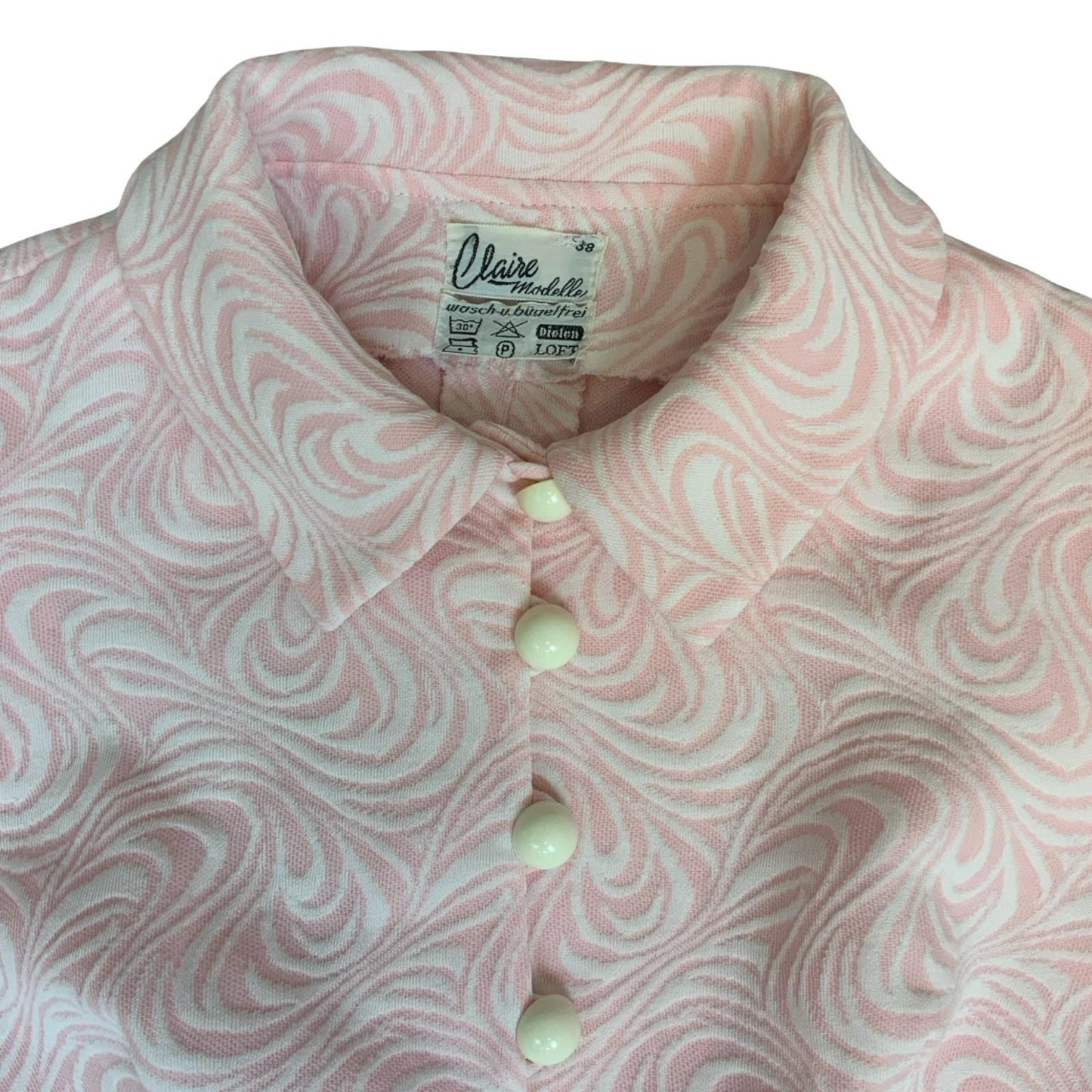 Vtg 70s 'Claire Madelle' Pink White Swirl Psychedelic Peplum Blouse UK 10/12