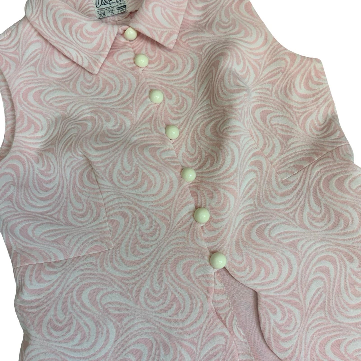 Vtg 70s 'Claire Madelle' Pink White Swirl Psychedelic Peplum Blouse UK 10/12