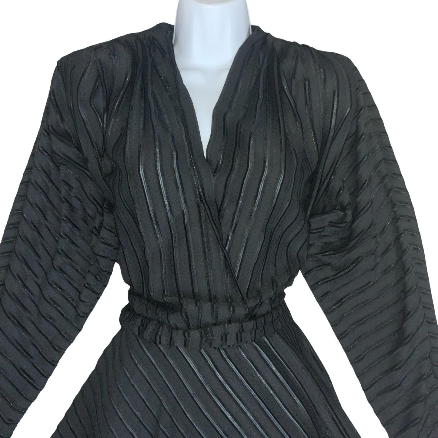 Vtg Black Wrap-Style V-Neck Textured Stripe Belted A-Line Midi Party Dress UK 8