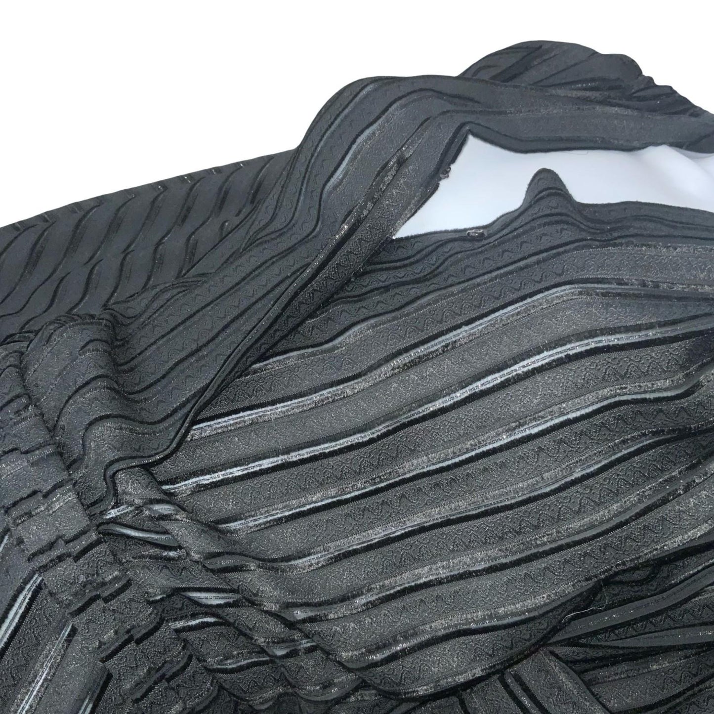 Vtg Black Wrap-Style V-Neck Textured Stripe Belted A-Line Midi Party Dress UK 8