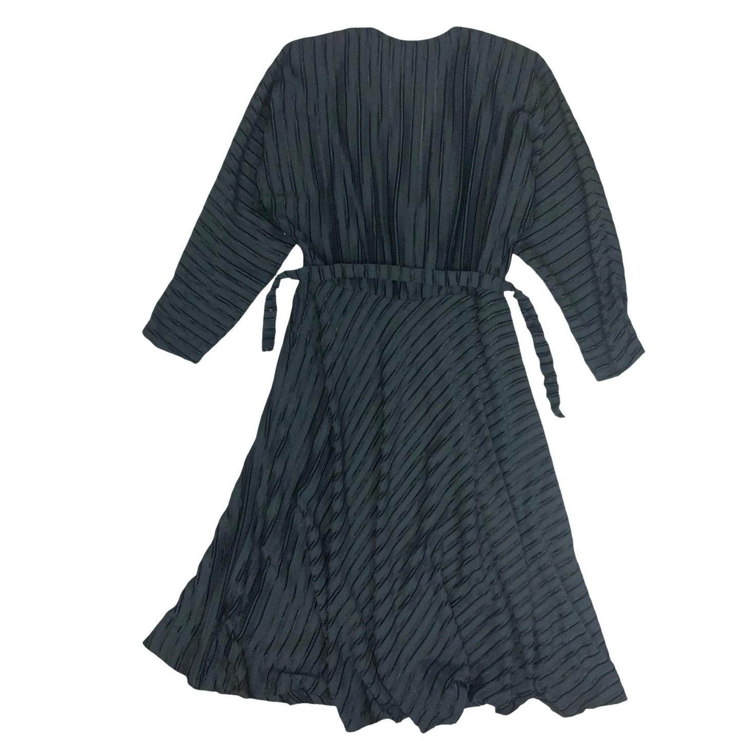 Vtg Black Wrap-Style V-Neck Textured Stripe Belted A-Line Midi Party Dress UK 8