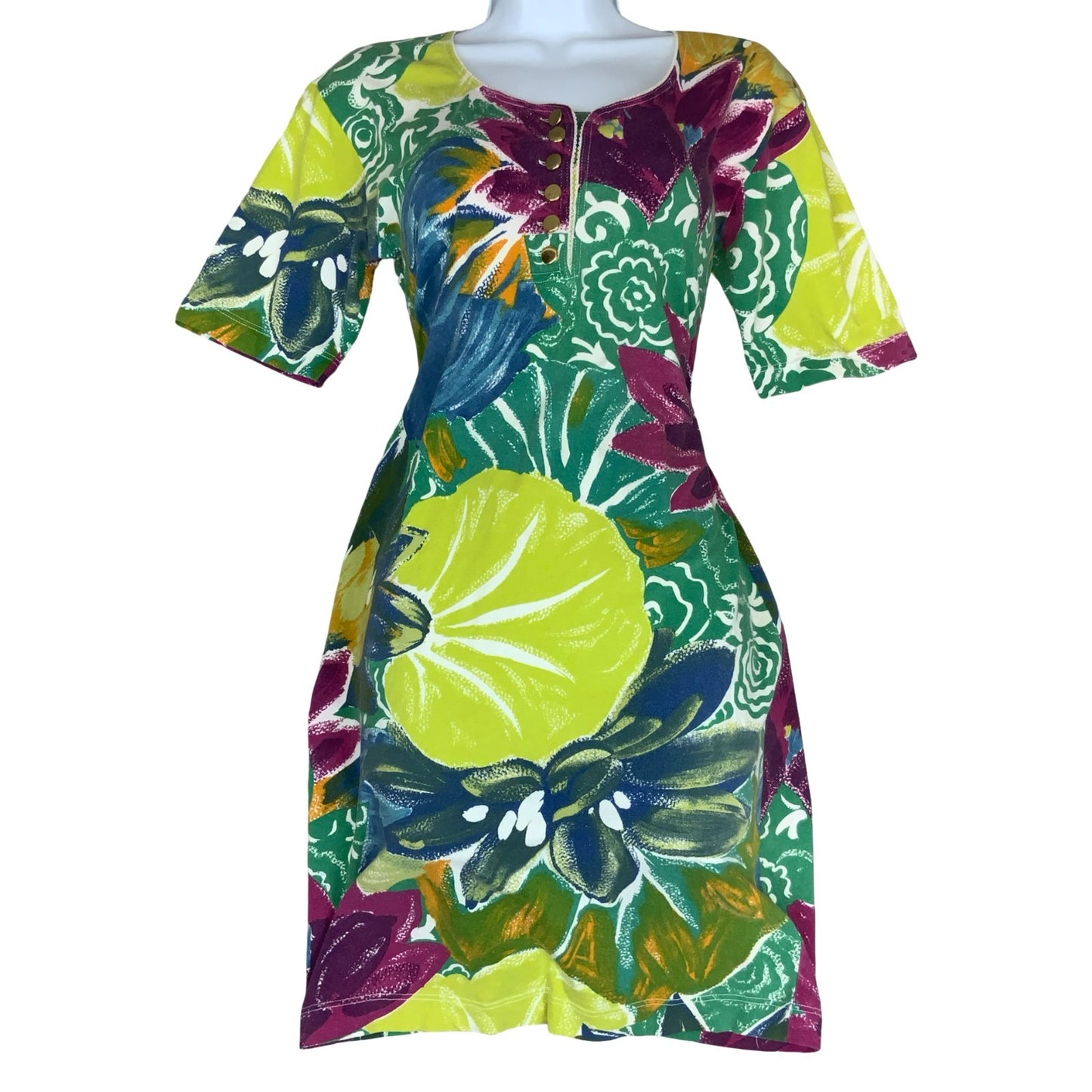 Vtg 'Les Copains' Green Purple Colourful Floral Mini Figure-Hugging Dress UK 10