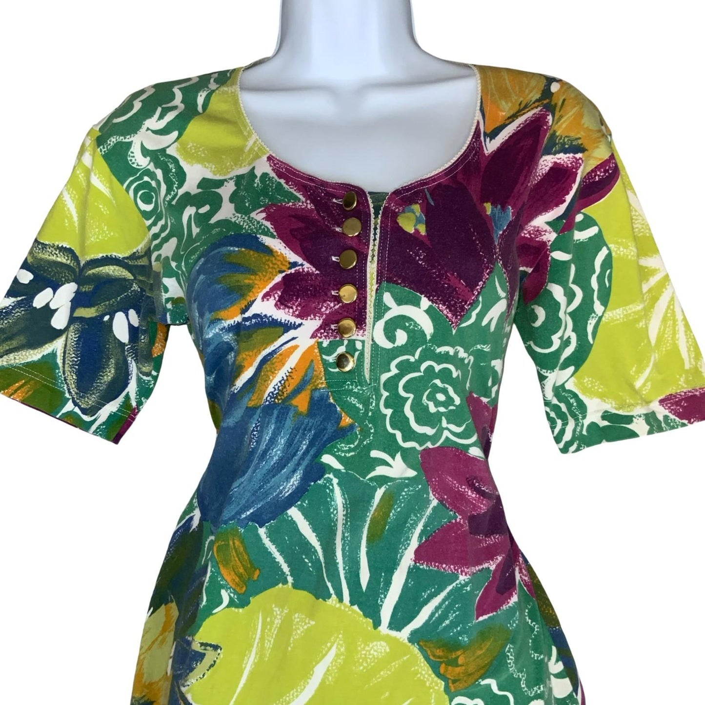 Vtg 'Les Copains' Green Purple Colourful Floral Mini Figure-Hugging Dress UK 10