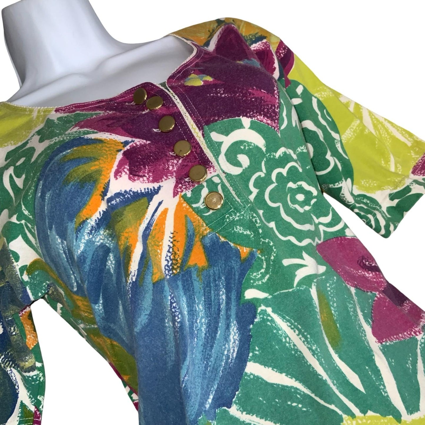 Vtg 'Les Copains' Green Purple Colourful Floral Mini Figure-Hugging Dress UK 10
