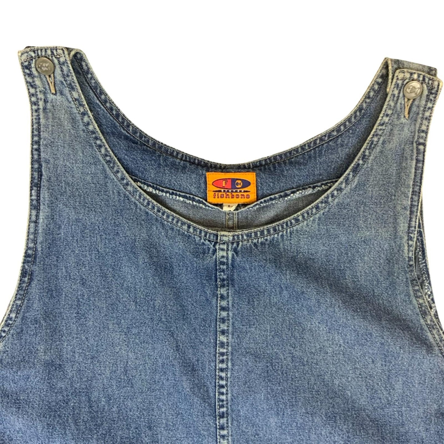 Vtg Y2K 'Fishbone' Blue Denim Relaxed Dungarees-Style Pinafore Mini Dress UK10