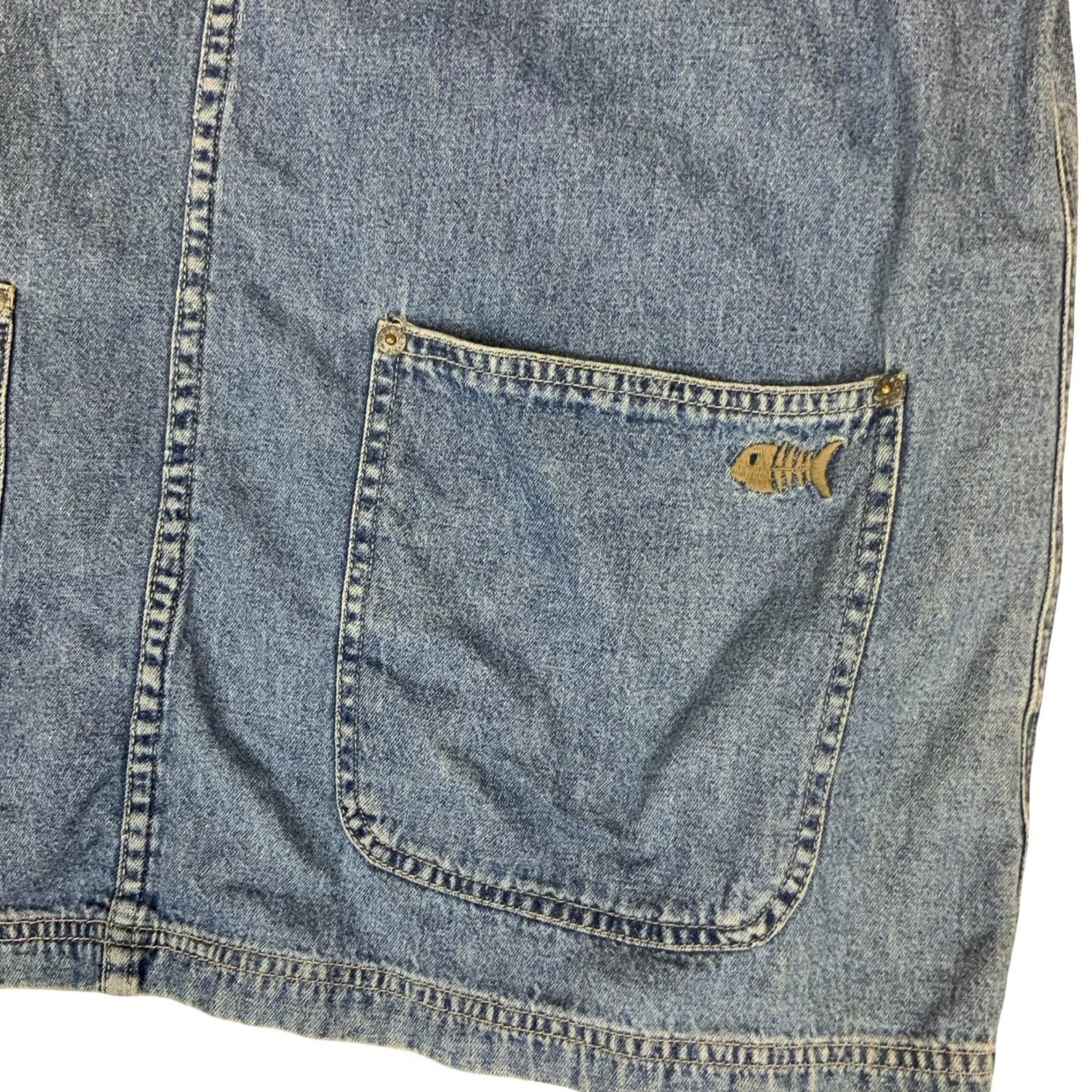 Vtg Y2K 'Fishbone' Blue Denim Relaxed Dungarees-Style Pinafore Mini Dress UK10